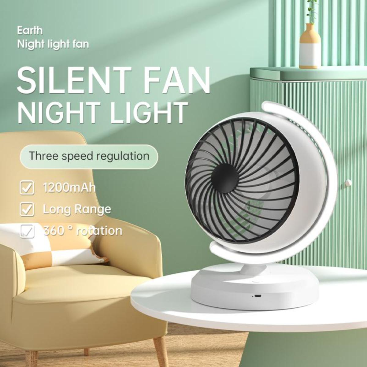 Ein weiß-schwarzer leiser Ventilator mit Nachtlicht auf einem weißen Tisch, mit gelbem Sessel und grüner Wand im Hintergrund.