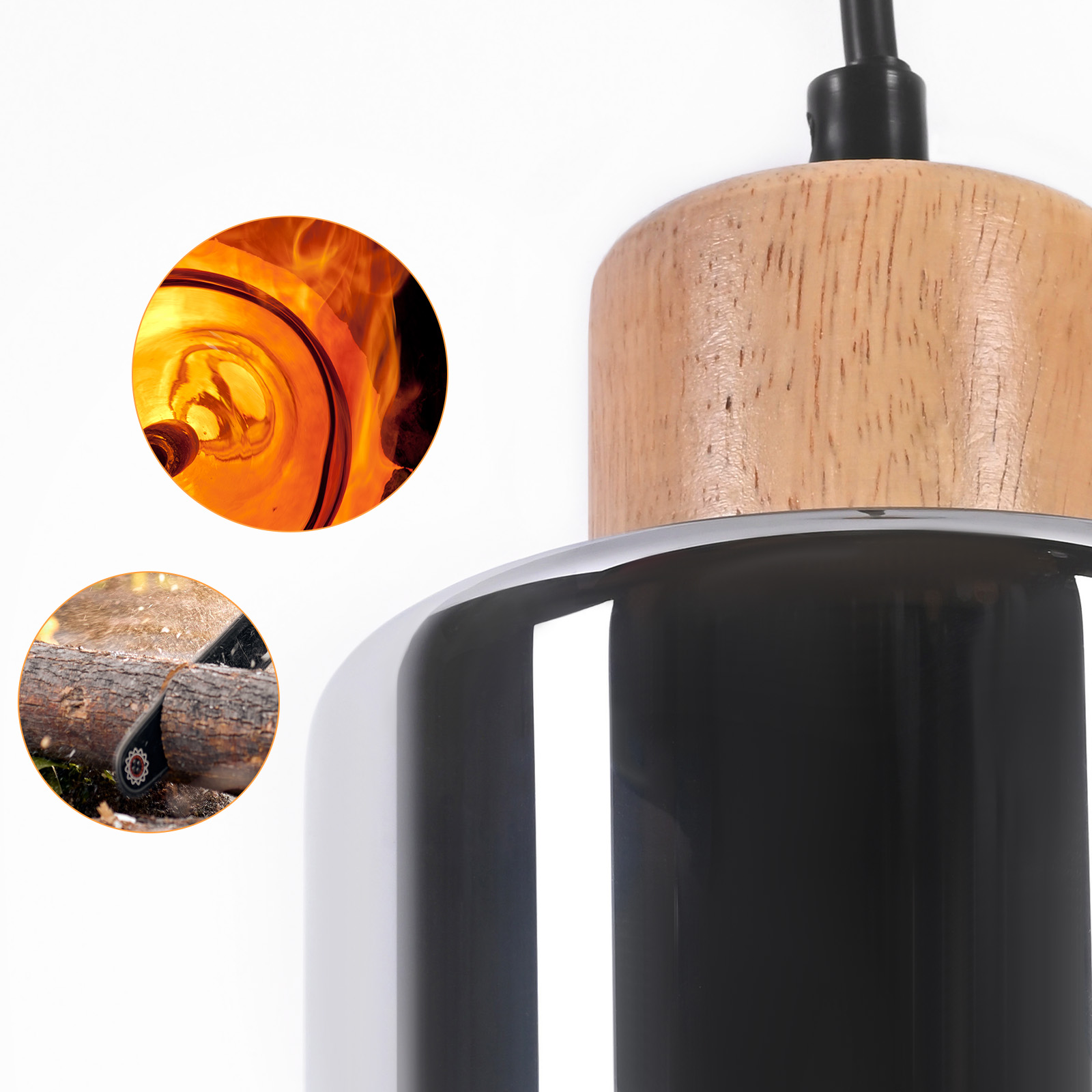 Lampa wisząca z drewnianą górą, czarnym korpusem i chromowaną obręczą. Dwa koła pokazują ogień i piłę łańcuchową tnącą drewno.