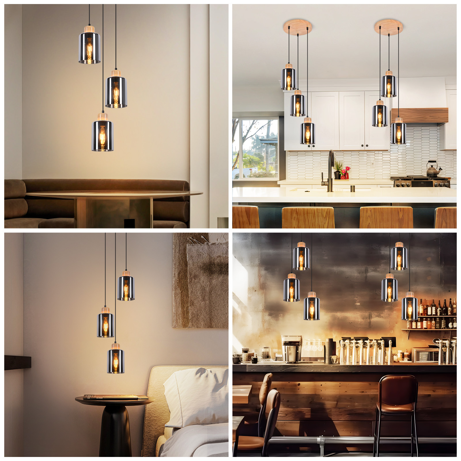 Vier Bilder zeigen Pendelleuchten in verschiedenen Umgebungen: Essen, Küche, Schlafzimmer und Bar. Jedes hat Glas- und Holzelemente.