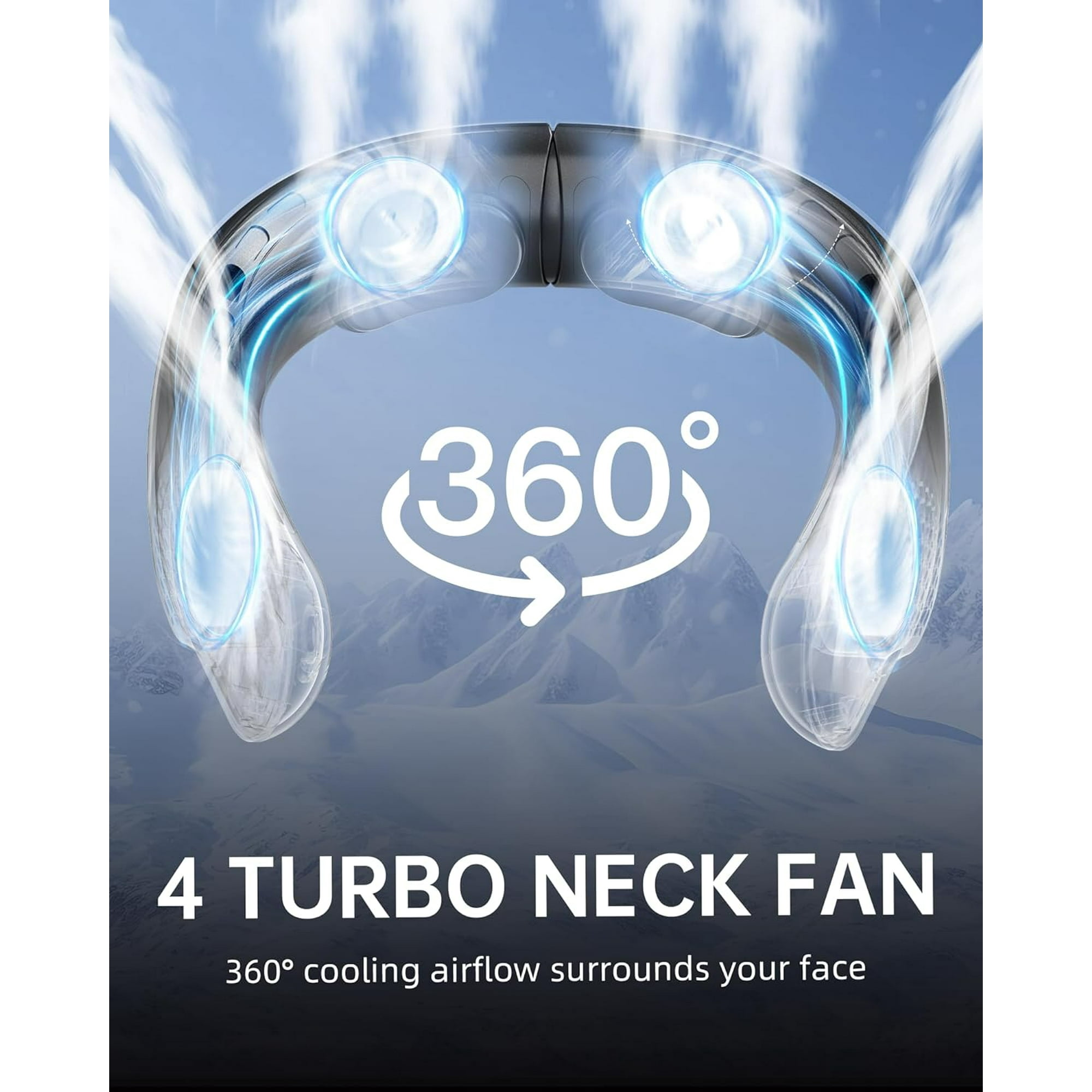 Ein 4-Turbo-Nackenfächer mit 360°-Luftstrom. Es ist weiß mit blauen Akzenten, auf einem Hintergrund aus Bergen und blauem Himmel.