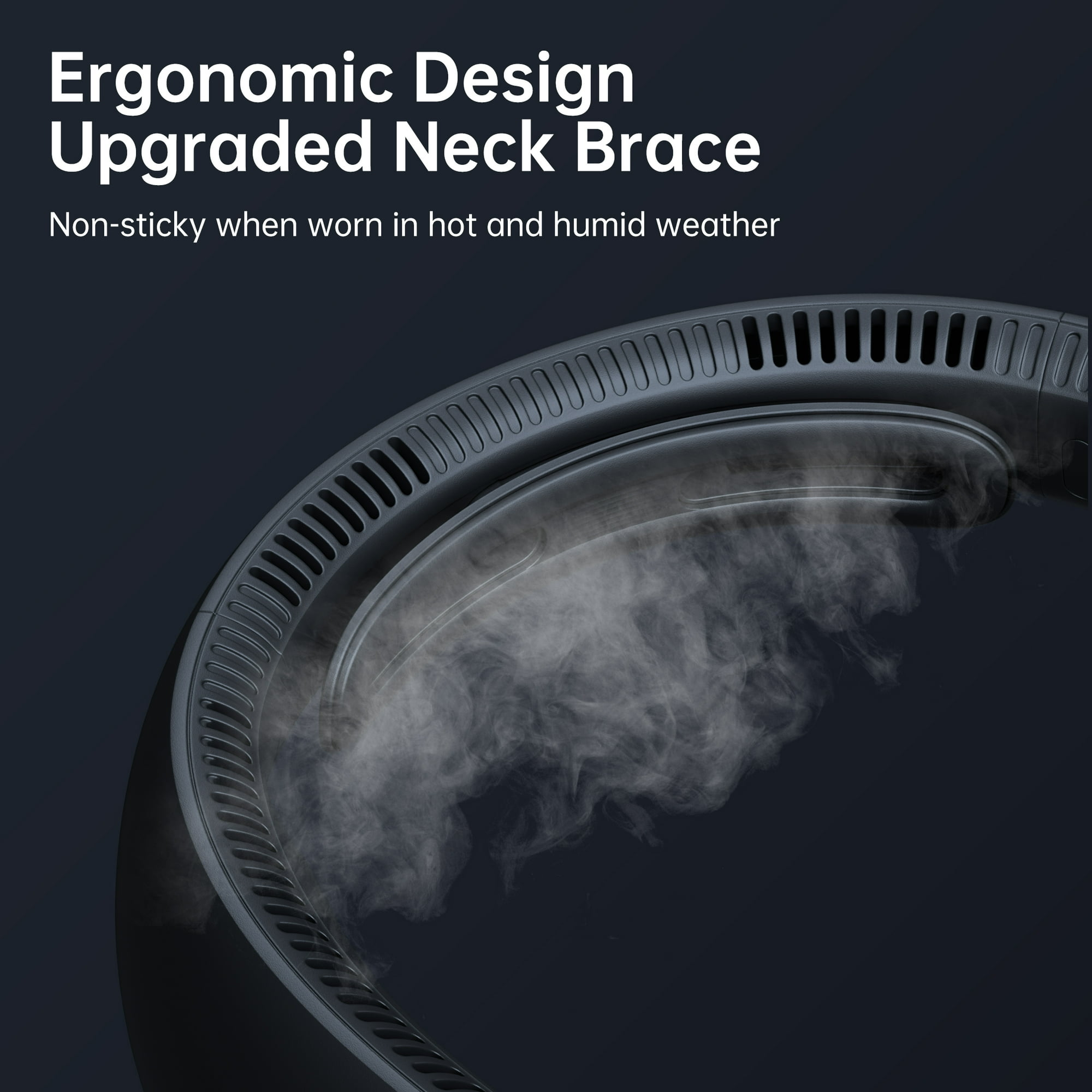 Schwarze Nackenstütze mit Lüftungsschlitzen und Dampfeffekt, Text: Ergonomisches Design, verbesserte Nackenstütze.