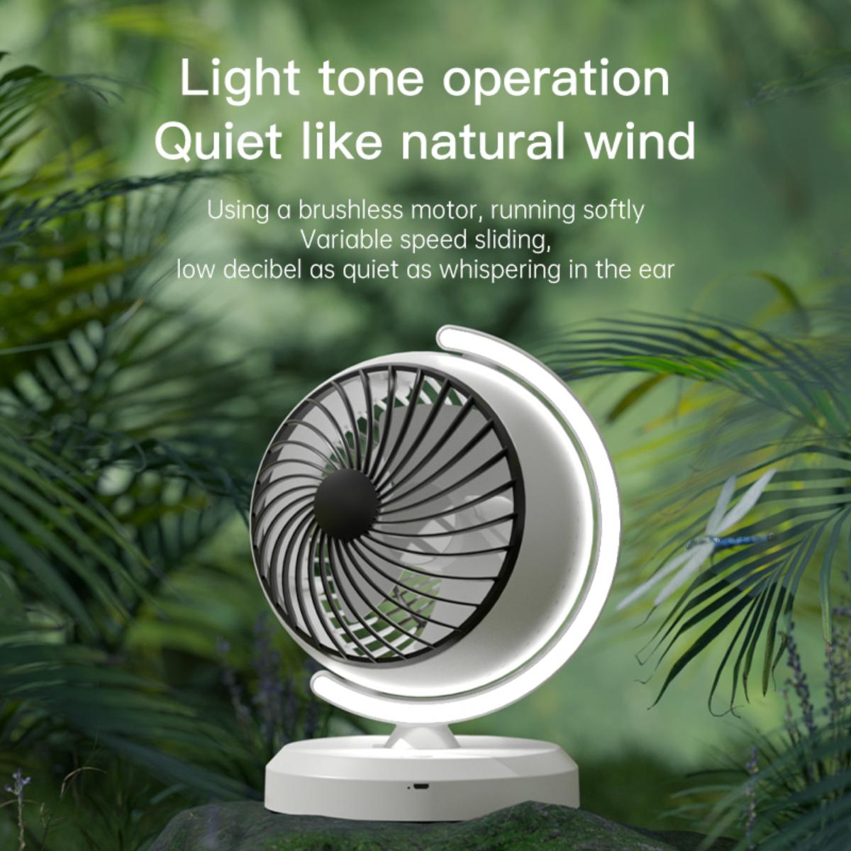 Ein weißer und schwarzer Ventilator mit geschwungenem Licht vor grünem Laub. Text oben: 'Leichter Tonbetrieb'.