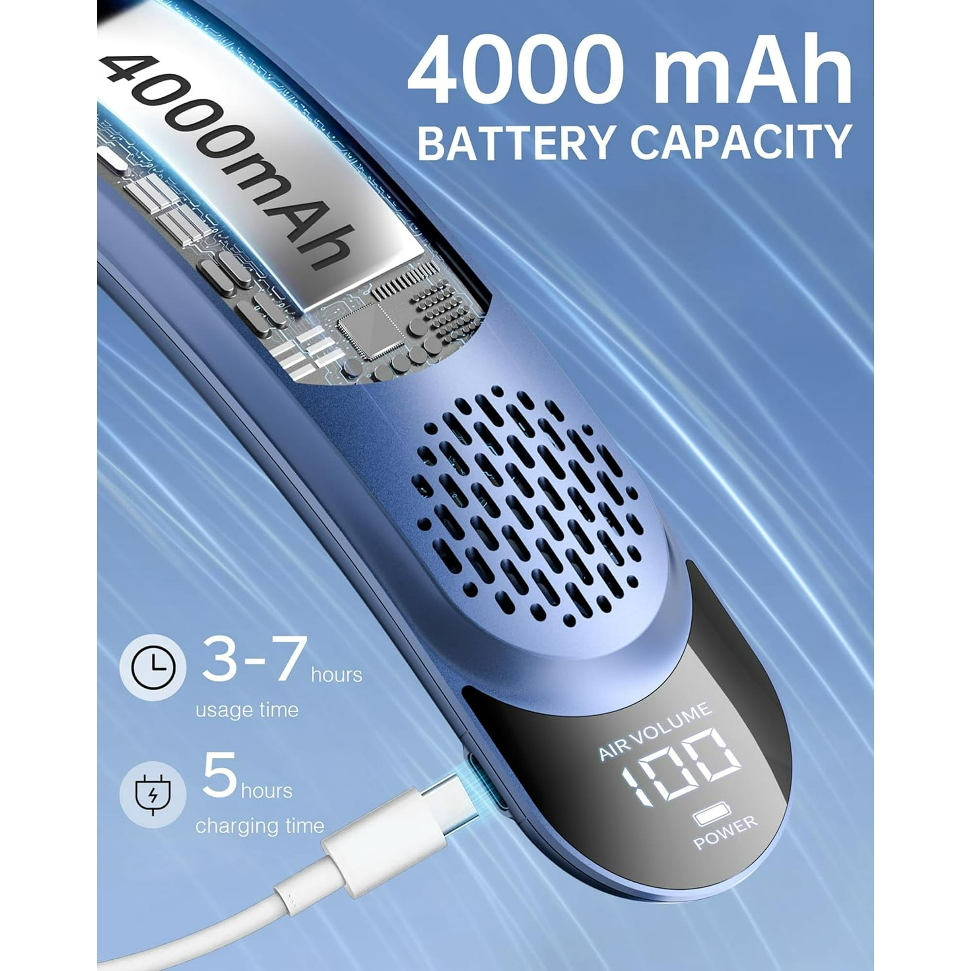 Blaues Gerät mit weißem Text zeigt mAh, Batteriekapazität und Luftvolumen an. Ein Kabel wird in das Gerät gesteckt.