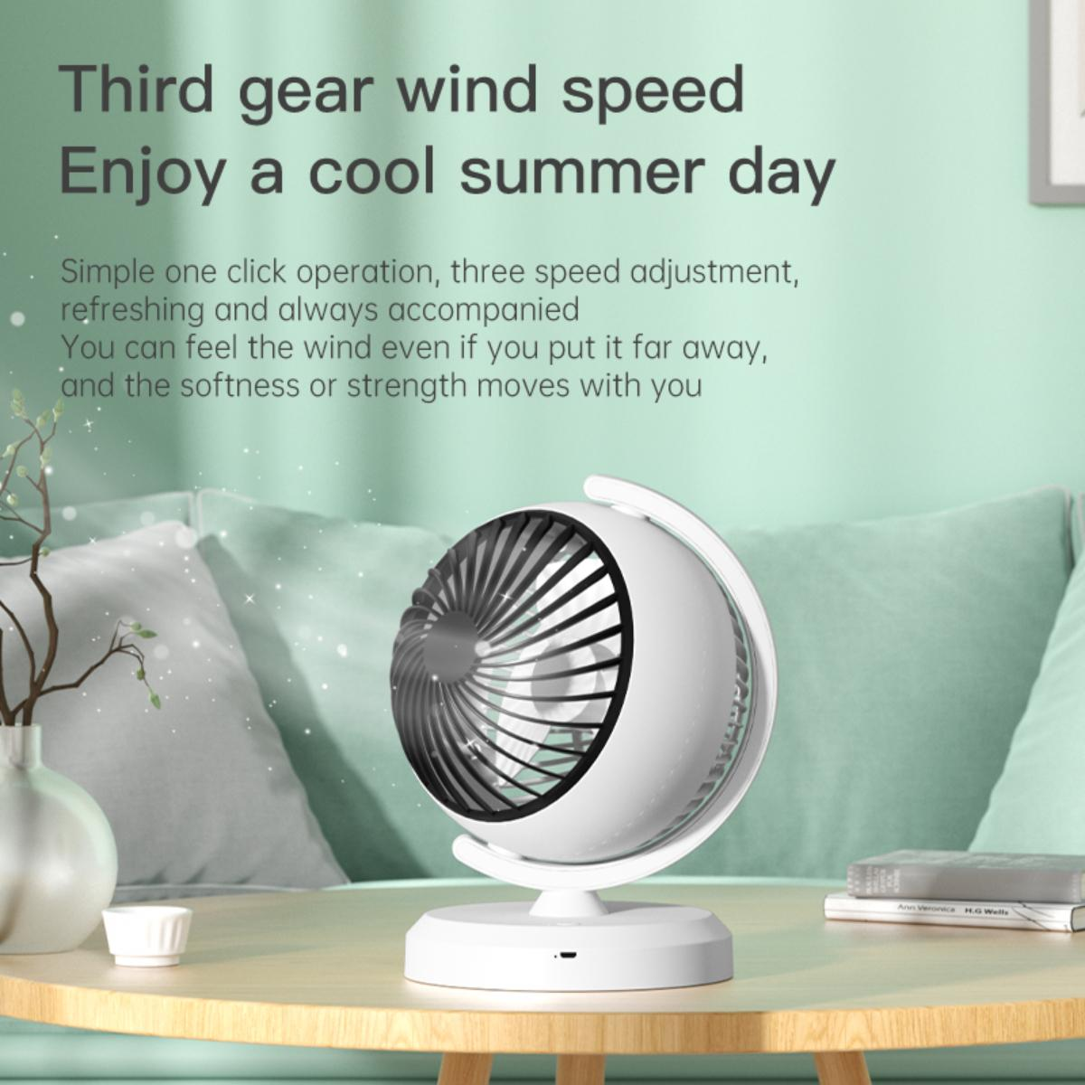 Ein weißer Tischventilator auf einem Holztisch, Text im Hintergrund. Eine Vase und eine Tasse stehen ebenfalls auf dem Tisch. Kissen im Hintergrund.