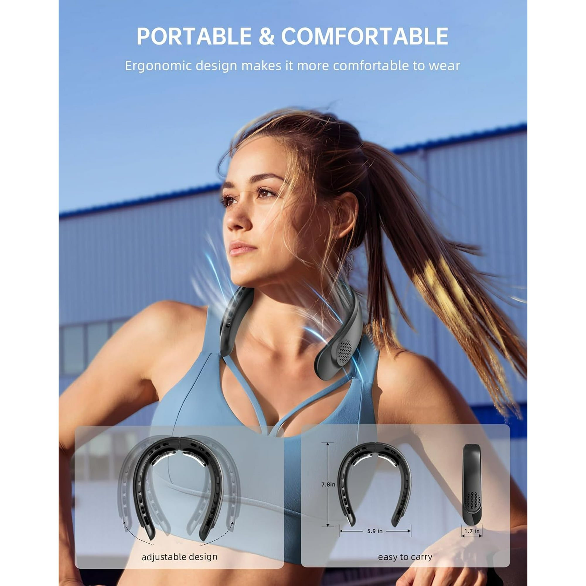 Frau mit schwarzem Nackenfächer. Das Bild zeigt das ergonomische Design und die Tragbarkeit.