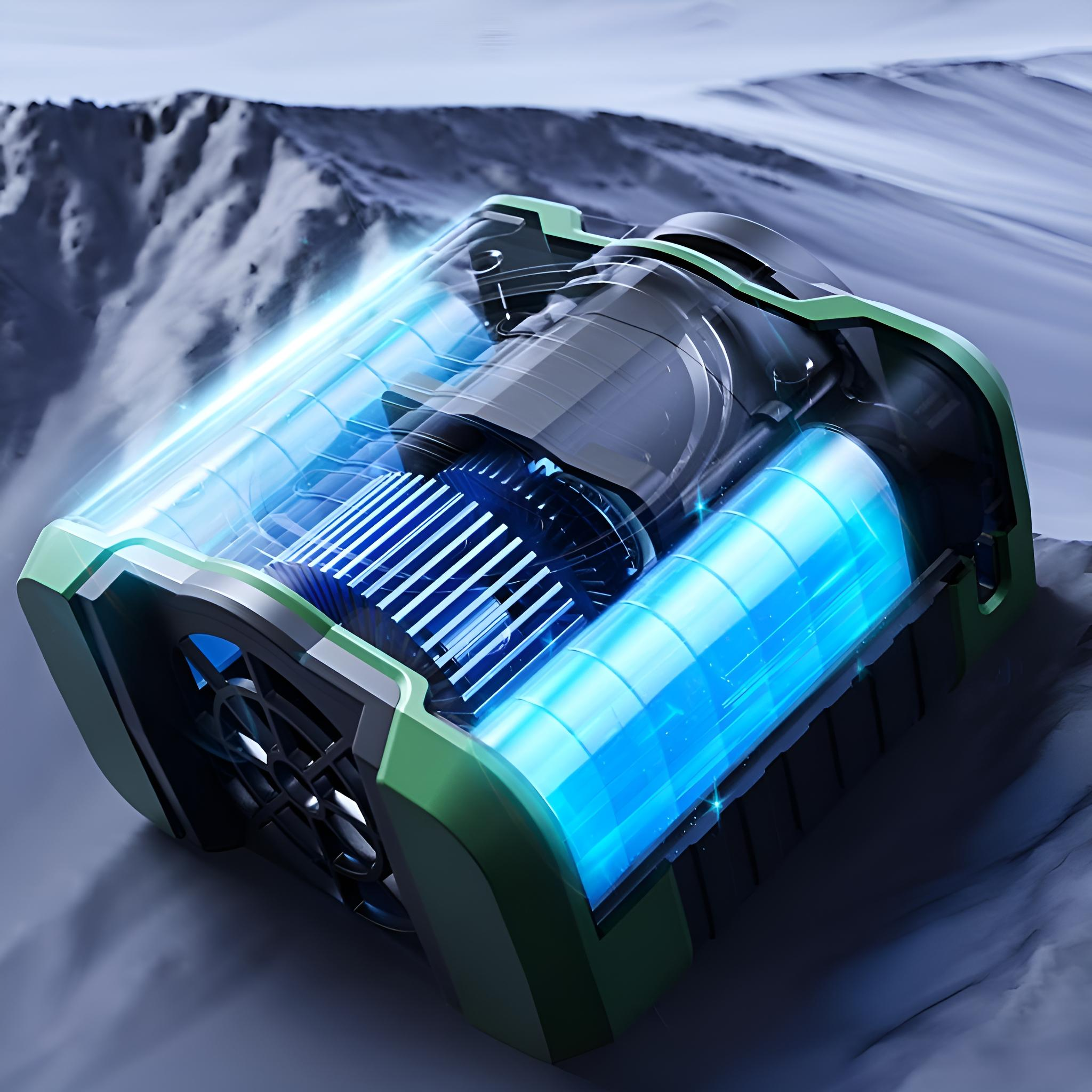 Futuristisches Gerät mit grünem und schwarzem Gehäuse, leuchtendem blauem Innenraum, vor verschneitem Bergpanorama.