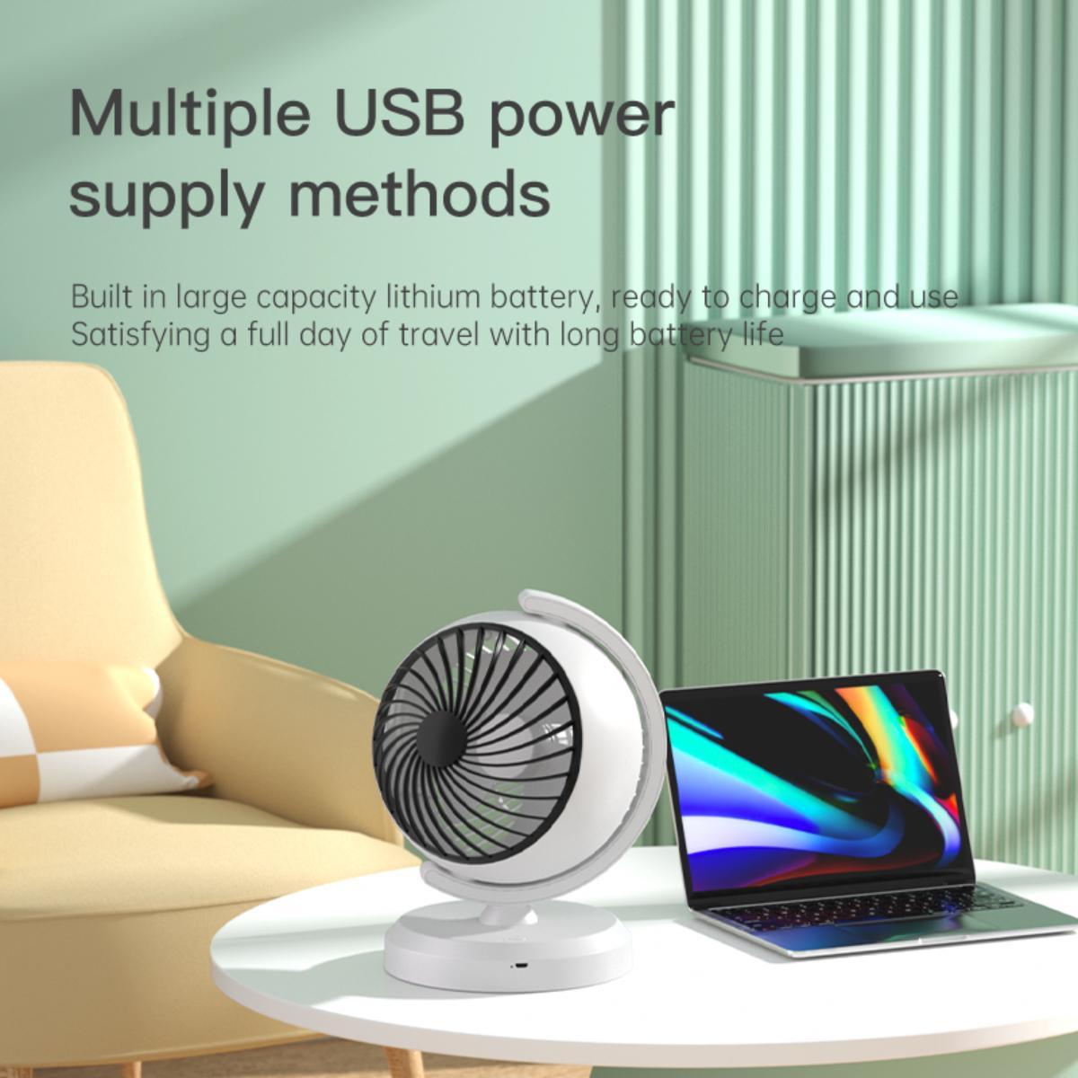 Ein weißer Tischventilator und ein Laptop stehen auf einem weißen Tisch. Ein gelber Stuhl und eine grüne Wand sind im Hintergrund.