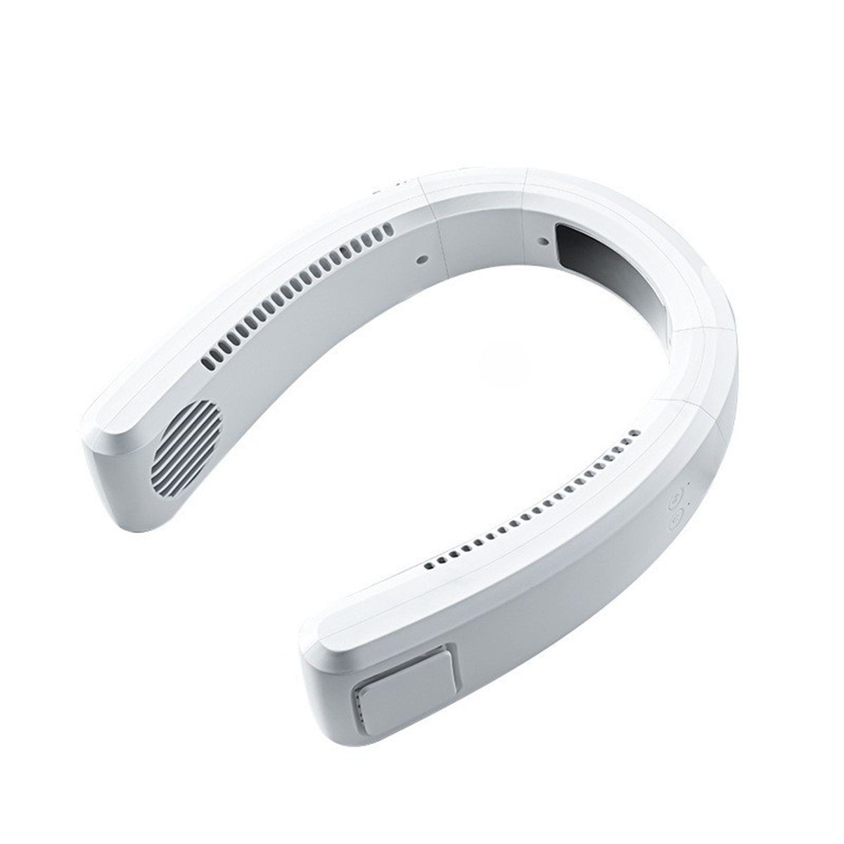 Ein weißer, U-förmiger Nackenventilator wird auf weißem Hintergrund gezeigt. Er hat Belüftungsöffnungen und Knöpfe. Das Design ist modern und sauber.