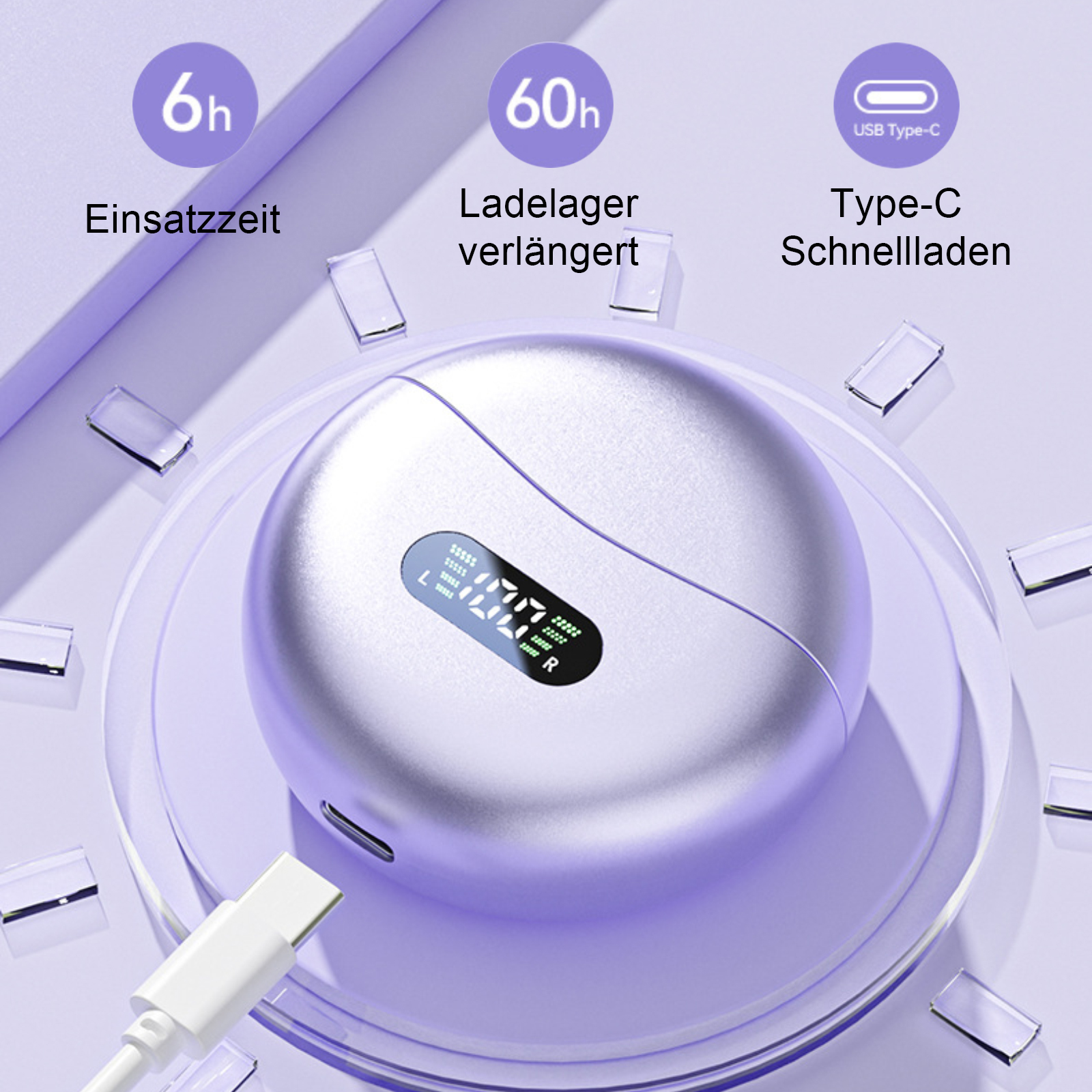 Ein silbernes kabelloses Ohrhörer-Ladecase mit Digitalanzeige. Es ist ein weißes USB-C-Kabel. Text zeigt 6h, 60h Akkulaufzeit und Typ C.