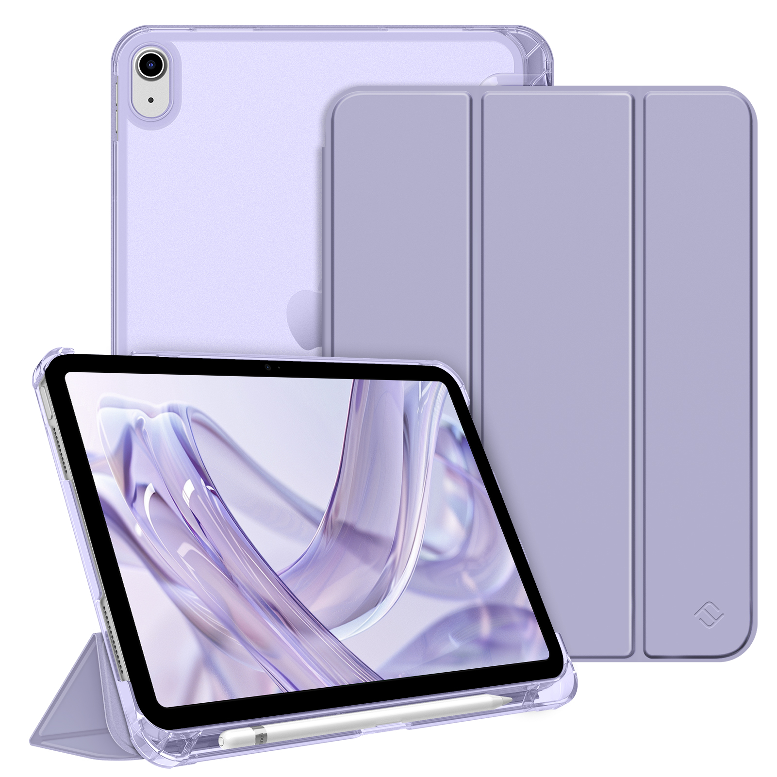 iPad mit helllila Hülle und transparentem Cover. Ein weißer Stift ist befestigt. Der Hintergrund ist eine lila Hülle.