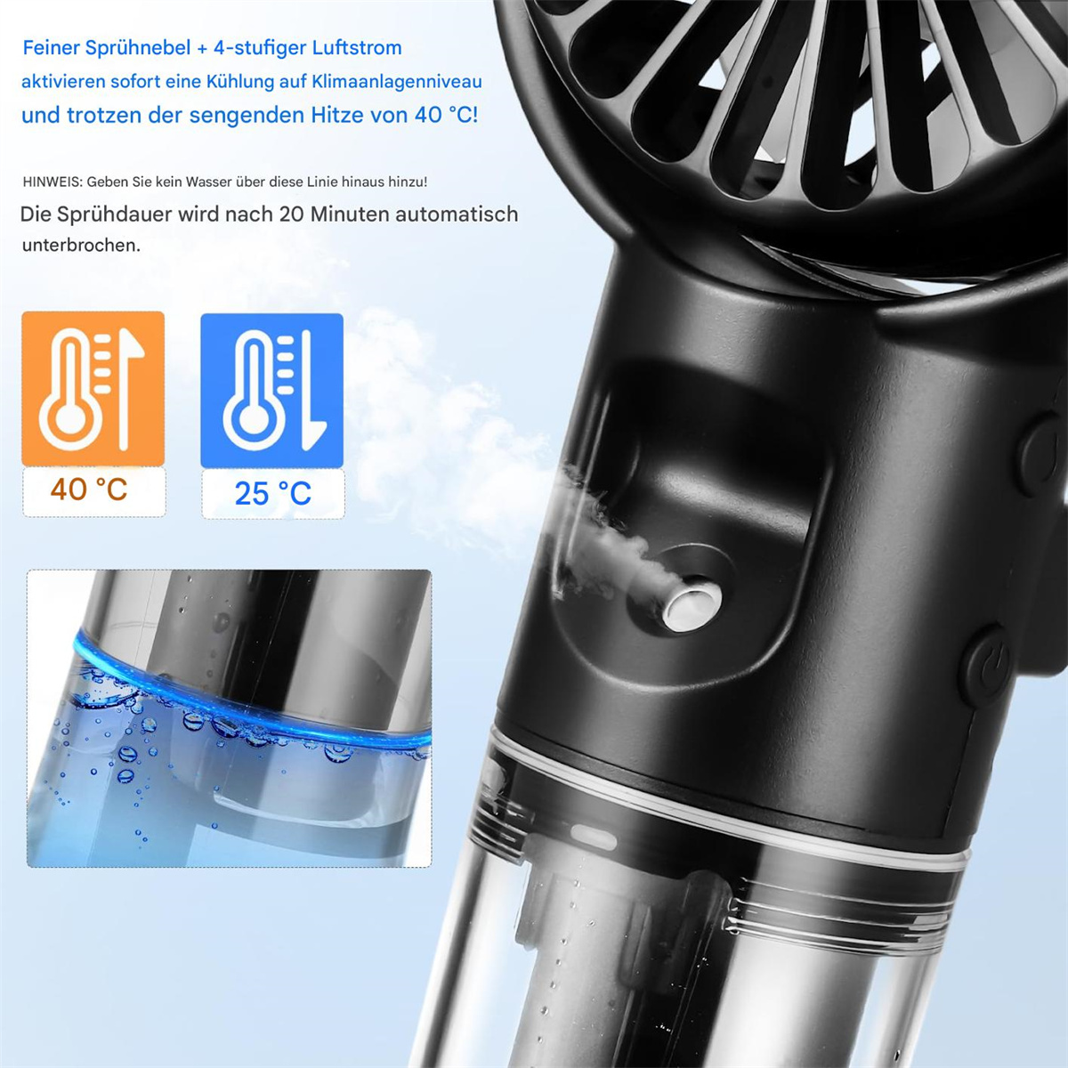 Ein schwarzes und klares Gerät mit einem Ventilator. Text deutet auf feinen Nebel und Luftstrom zur Kühlung hin. Temperaturanzeigen zeigen 40°C und 25°C.