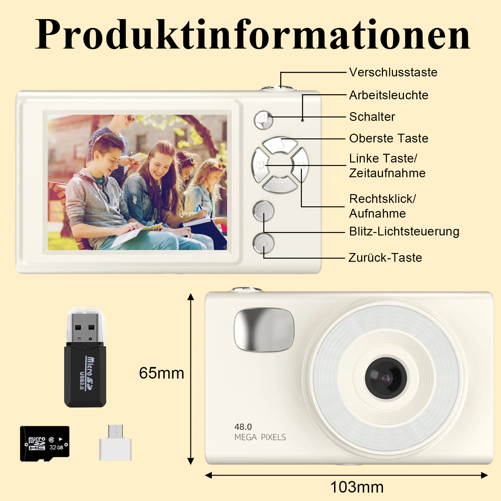 Eine weiße Kamera mit Bildschirm, auf dem Menschen zu sehen sind, ein USB-Stick und eine Micro-SD-Karte. Anmerkungen weisen auf Funktionen hin.