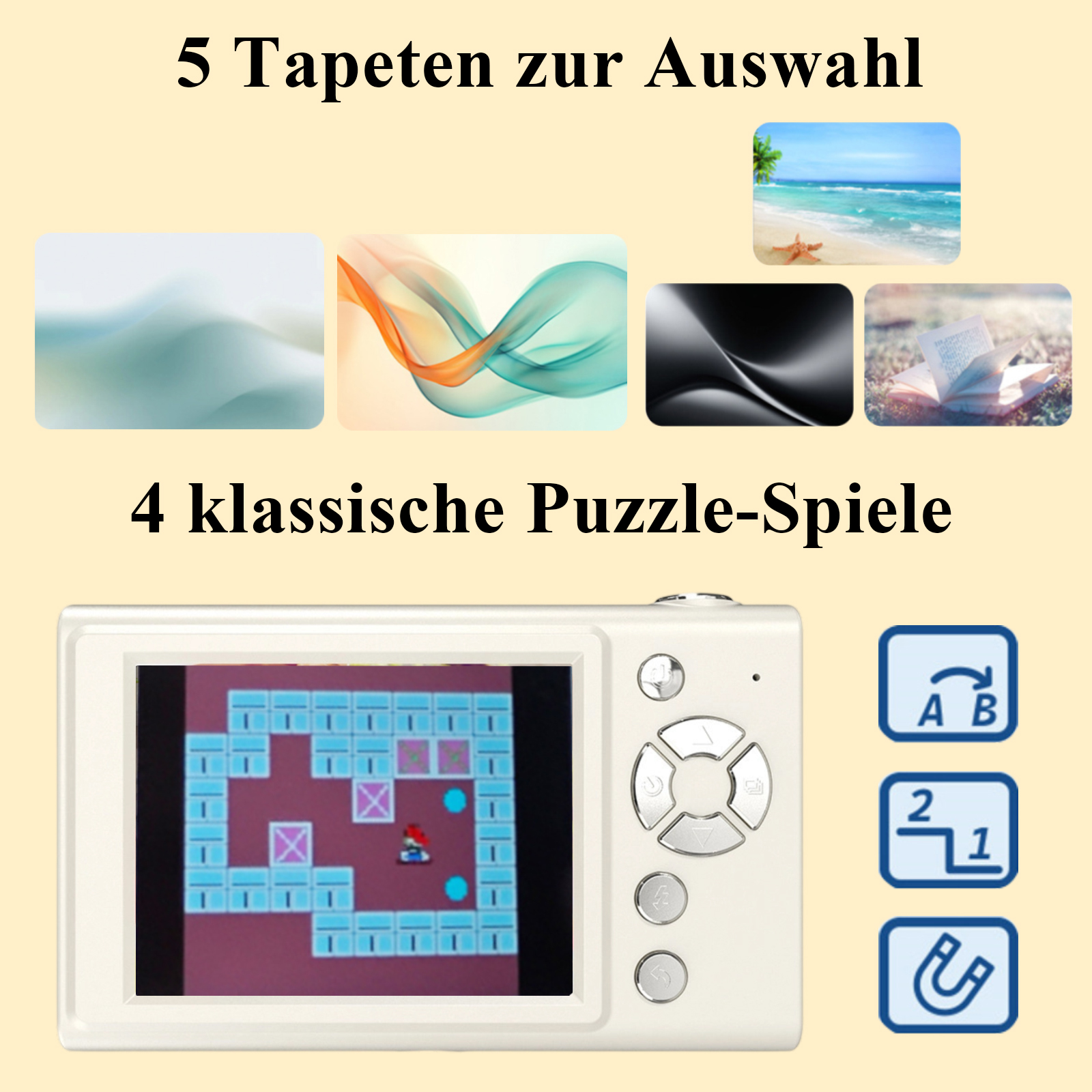 Das Bild zeigt eine Handheld-Spielkonsole mit einem Puzzlespiel auf dem Bildschirm. Oben sind Tapetenoptionen und Text.