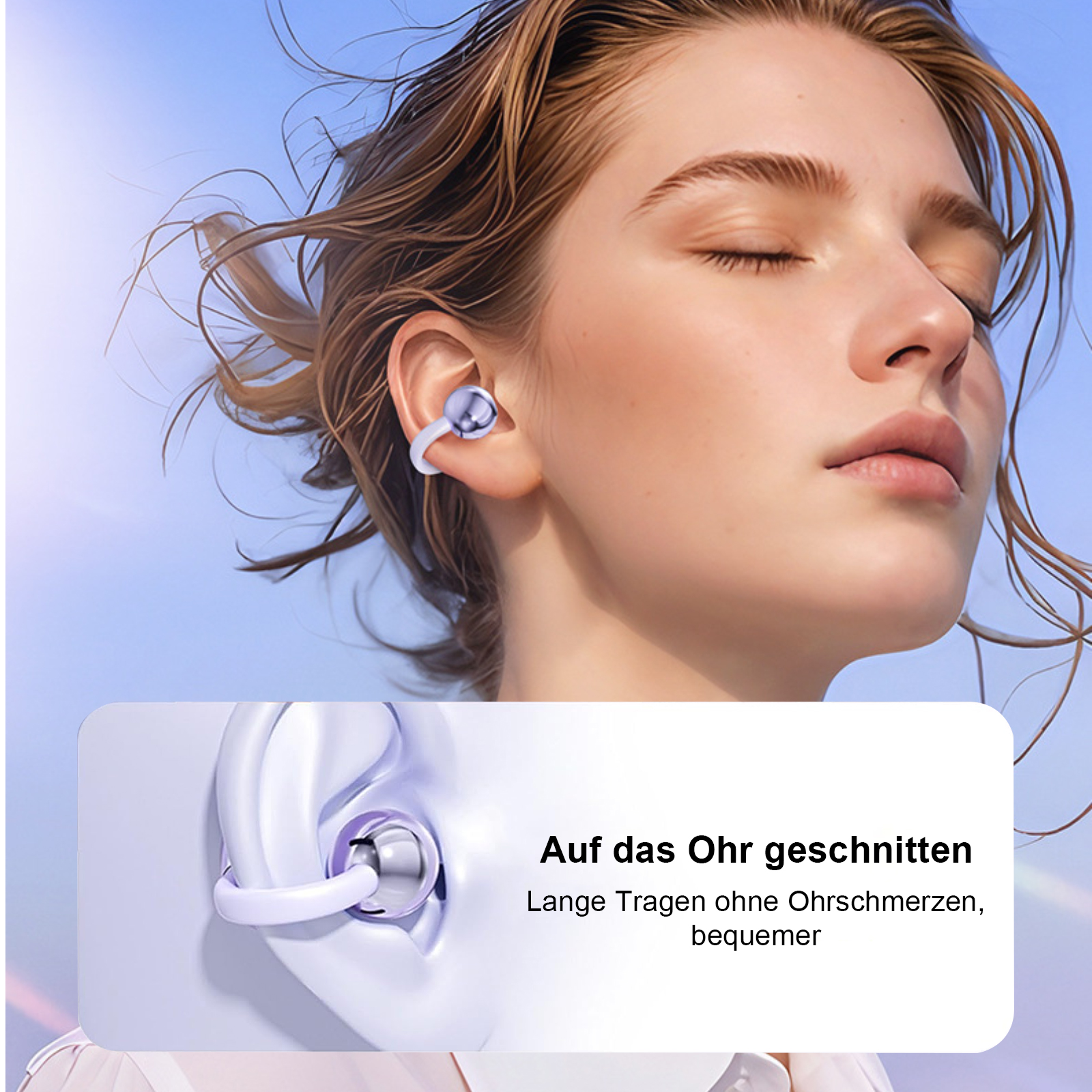 Eine Frau mit geschlossenen Augen, die einen Ohrhörer trägt. Der Hintergrund ist ein blauer Himmel. Text auf Deutsch wird angezeigt.