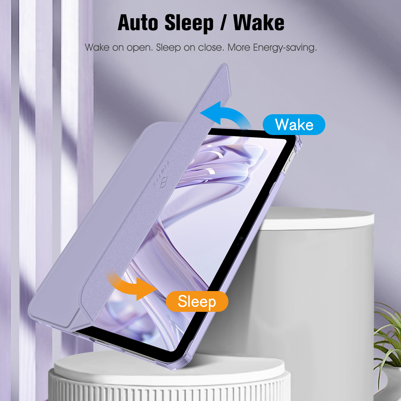 Ein Tablet mit lila Hülle. Die Hülle öffnet und schließt sich. Es hat Text 'Wake' und 'Sleep'.