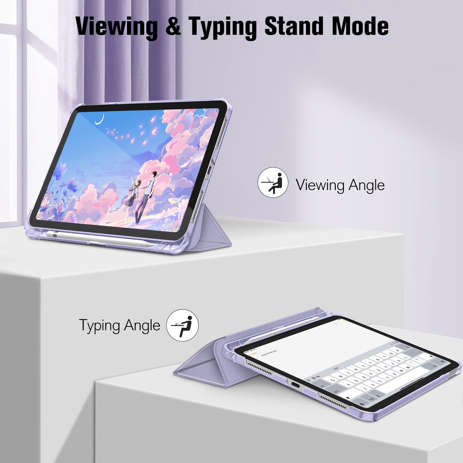 Bild zeigt Tablet im Anzeige- und Tippmodus. Es hat einen Bildschirm mit einer Illustration. Das Tablet hat eine lila Hülle mit einem Stift.