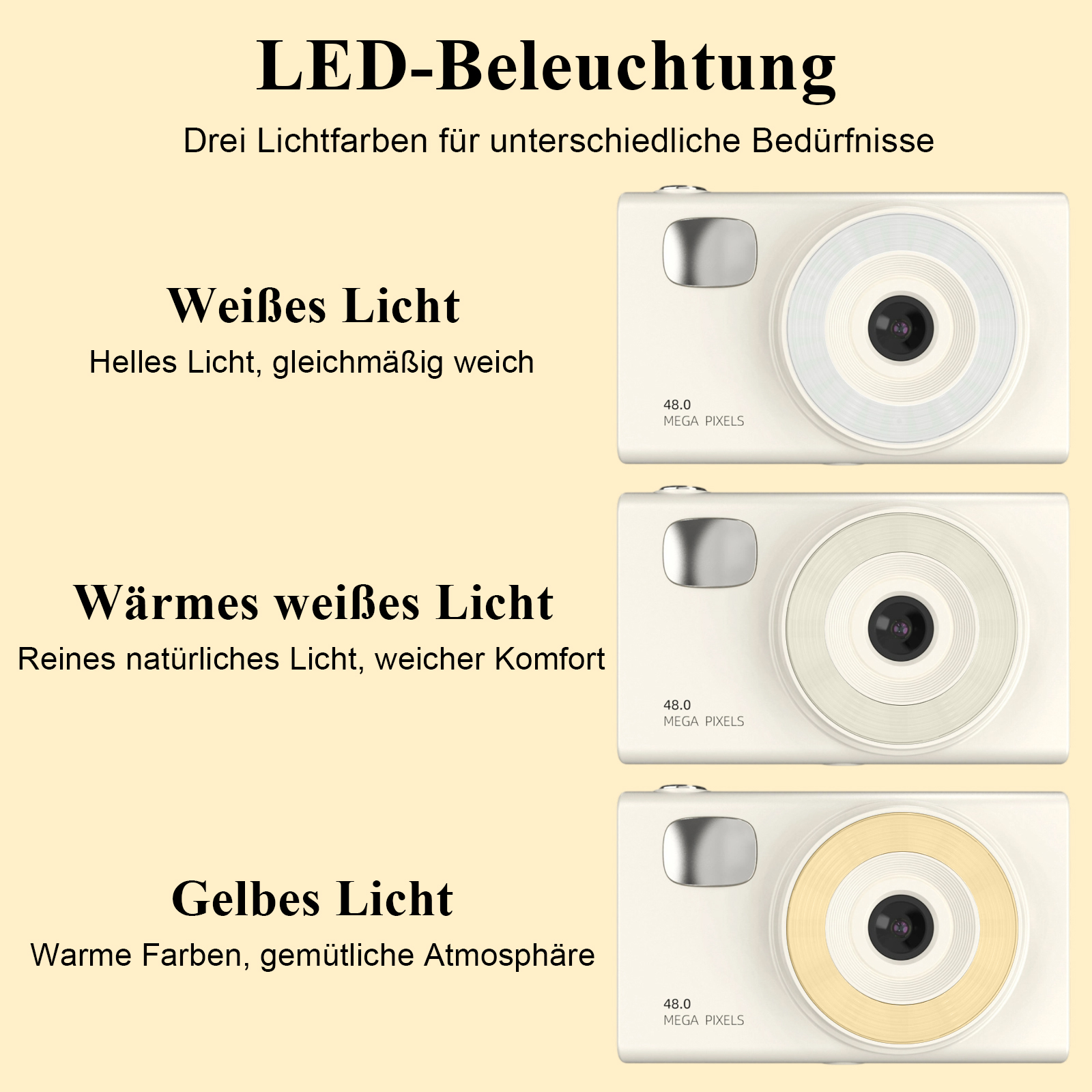 Das Bild zeigt drei Digitalkameras mit unterschiedlichen LED-Lichtfarben: Weiß, Warmweiß und Gelb. Jede hat eine 48,0 MP-Bezeichnung.