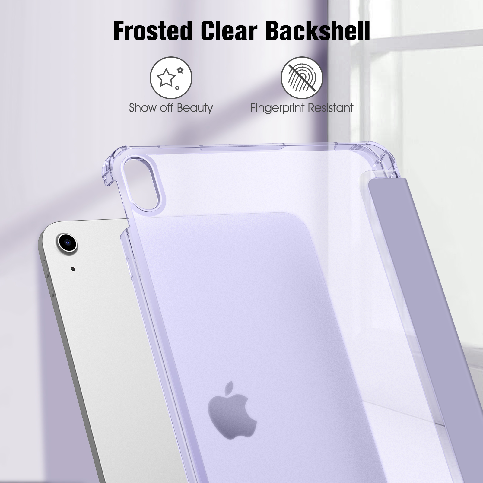 Eine transparente Handyhülle, die ein iPad mit einer mattierten Rückseite zeigt. Der Text lautet 'Frosted Clear Backshell'.