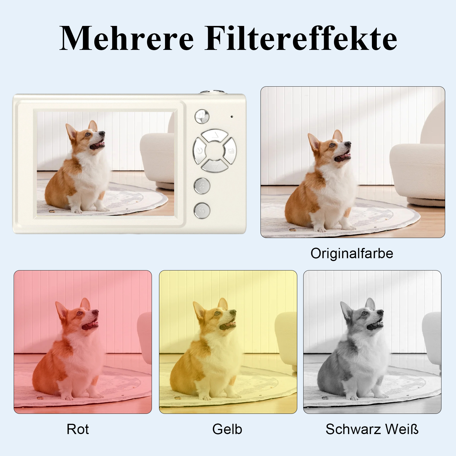 Ein Bild, das eine cremefarbene Digitalkamera zeigt, die einen Corgi zeigt. Darunter wird der Corgi mit roten, gelben und Graustufenfiltern gezeigt.