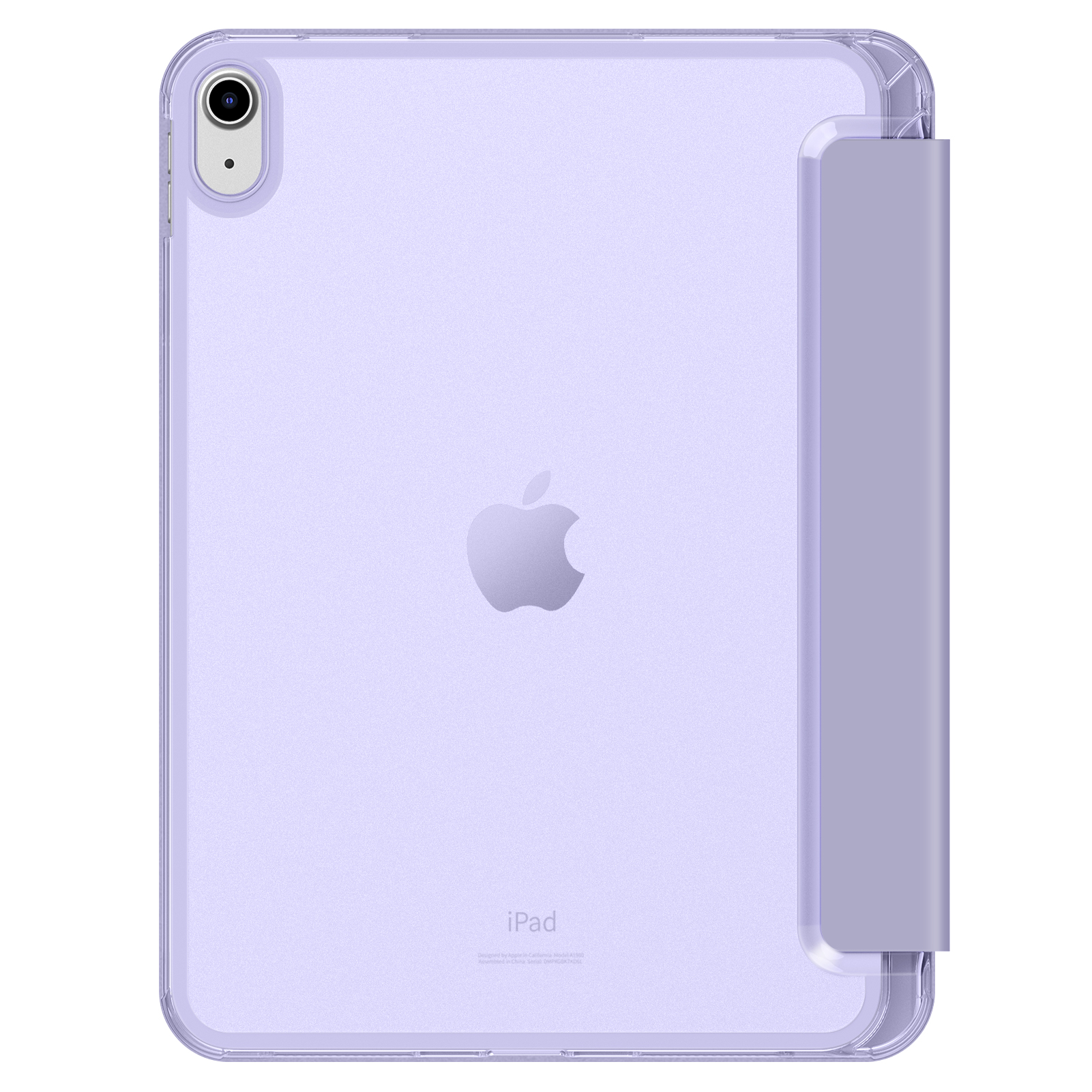 Ein lila iPad in einer durchsichtigen Hülle mit einer Abdeckung. Das Apple-Logo ist sichtbar. Oben links befindet sich eine Kamera.
