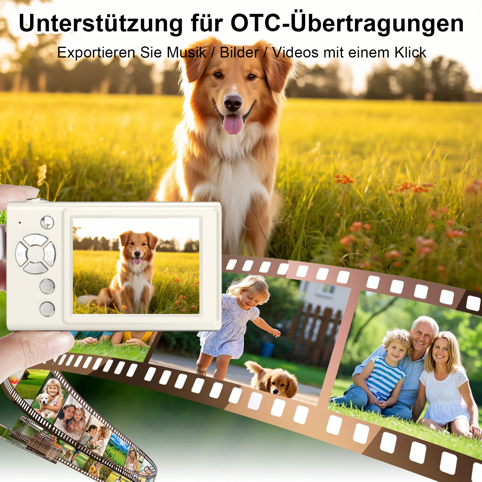 Ein Hund im Feld, eine Kamera mit einem Hund und ein Filmstreifen mit Familienfotos. Text: Unterstützung für OTC-Übertragungen.