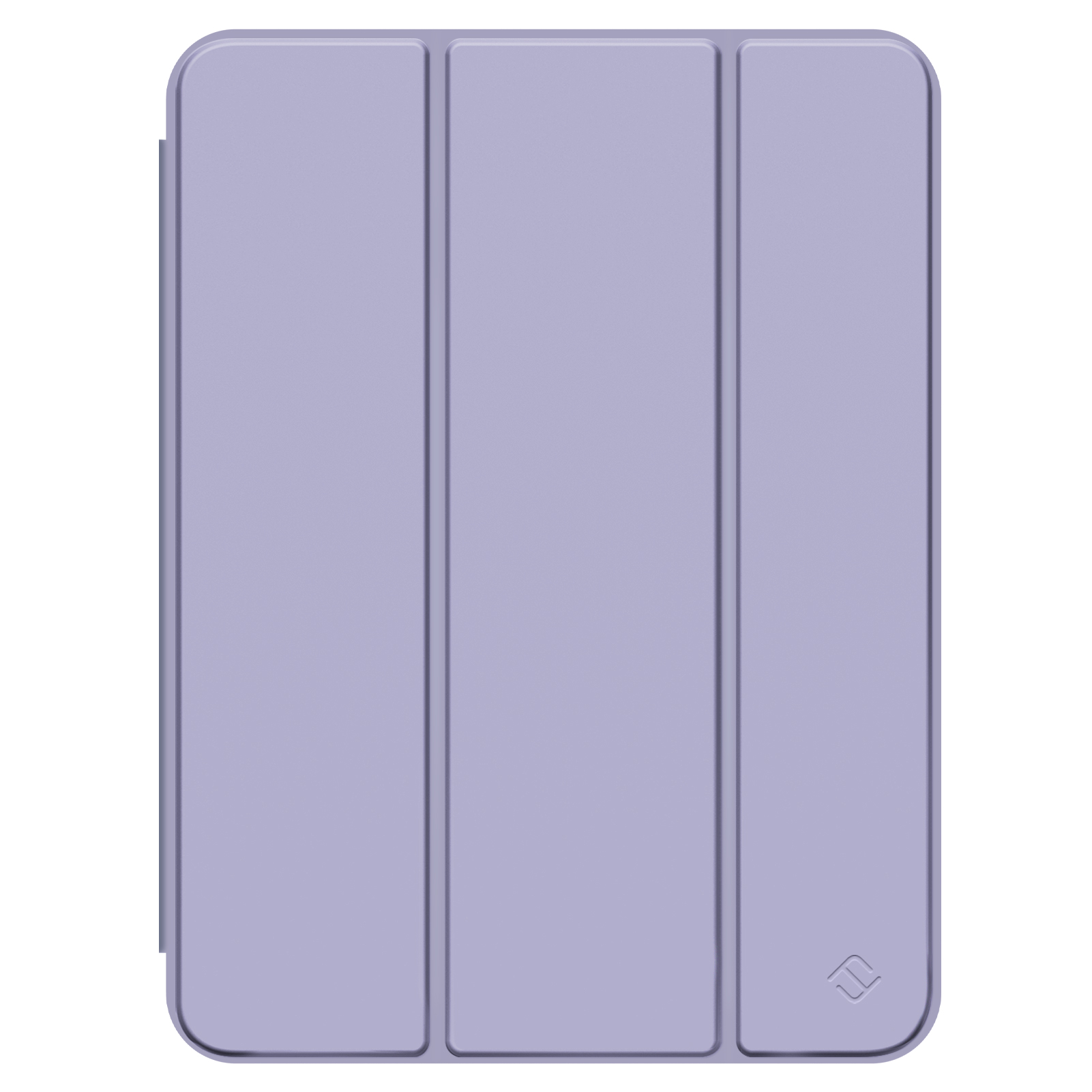Gezeigt wird eine hellviolette Tablethülle, die in Drittel gefaltet ist. Die Hülle hat abgerundete Ecken und ein Logo rechts unten.