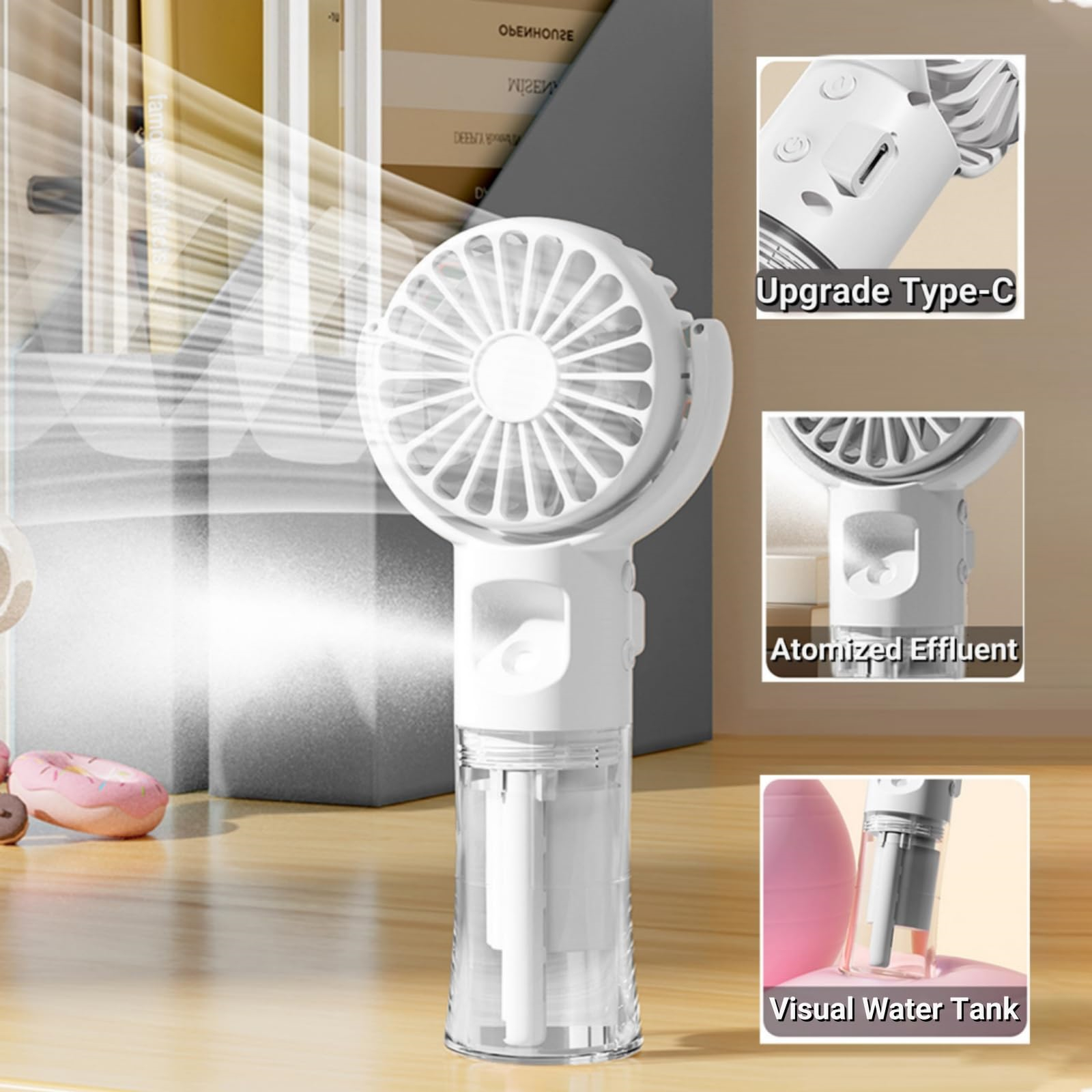 Ein weißer tragbarer Ventilator mit einem transparenten Wassertank. Er verfügt über Typ-C-Aufladung und zerstäubte Abwässer. Donuts sind im Hintergrund.