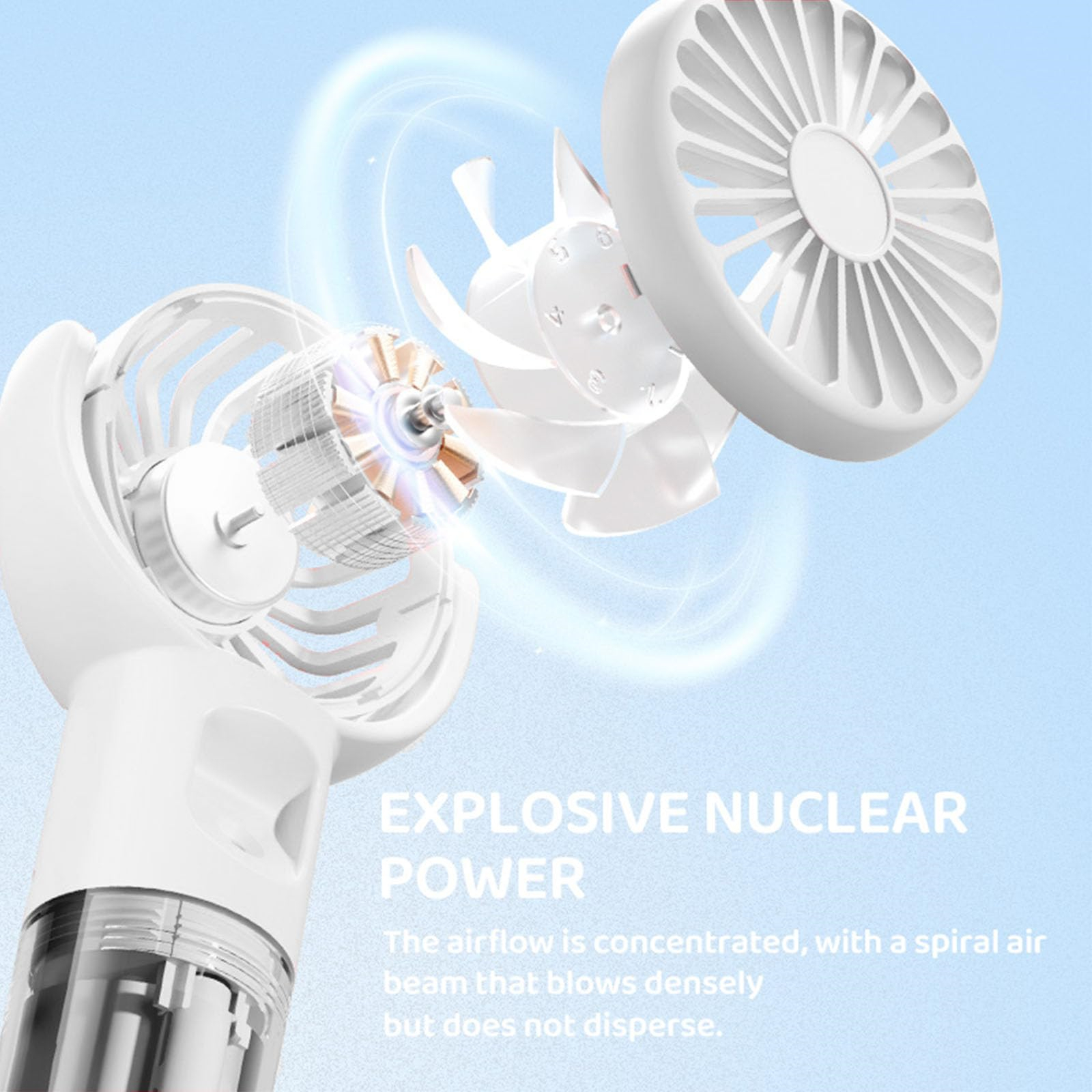 Weißer Ventilator mit Flügeln und Griff. Er ist teilweise zerlegt und zeigt die inneren Komponenten. Blauer Hintergrund.