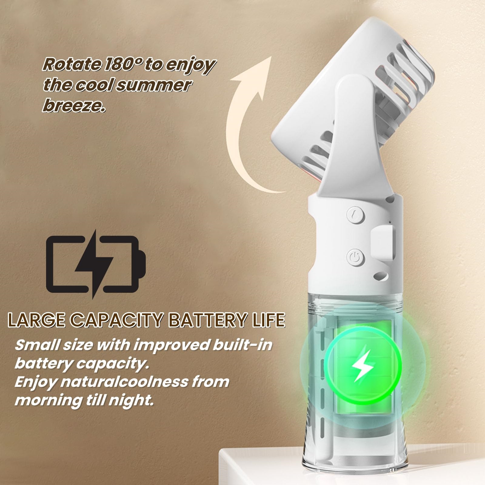 Ein weißer tragbarer Ventilator mit drehbarem Kopf. Er hat eine Batteriestandsanzeige mit einem grünen Blitz. Der Text erwähnt die Akkulaufzeit.