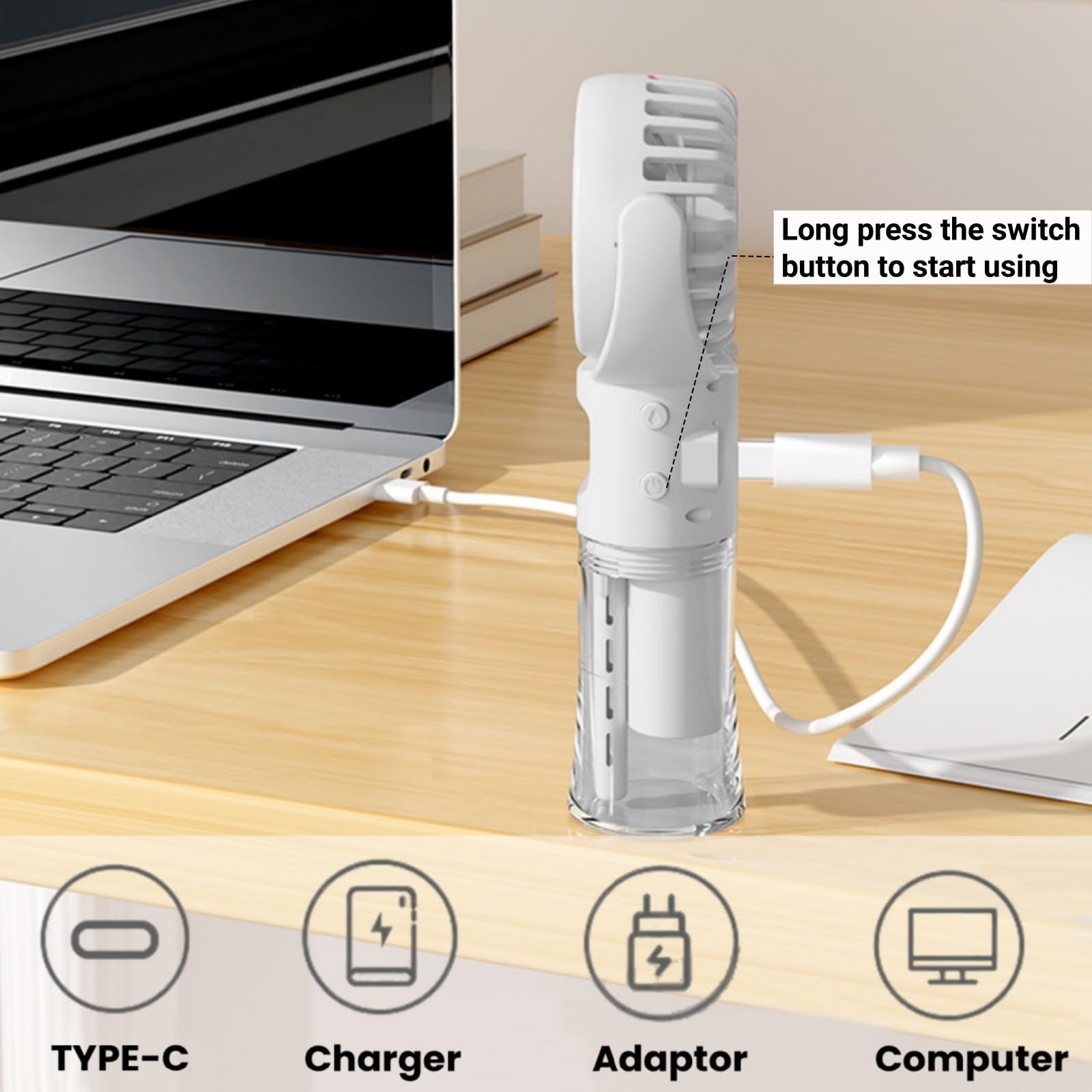 Ein weißer Ventilator ist an einen Laptop angeschlossen. Etiketten zeigen Typ-C, Ladegerät, Adapter und Computer.