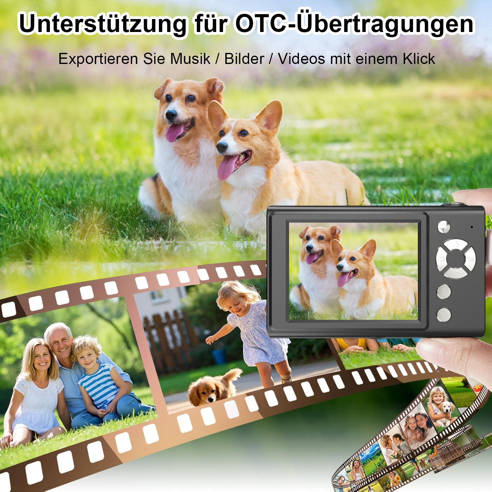 Das Bild zeigt zwei Corgi-Hunde, eine Kamera, die die Hunde anzeigt, und Filmstreifenbilder einer Familie und mehr.