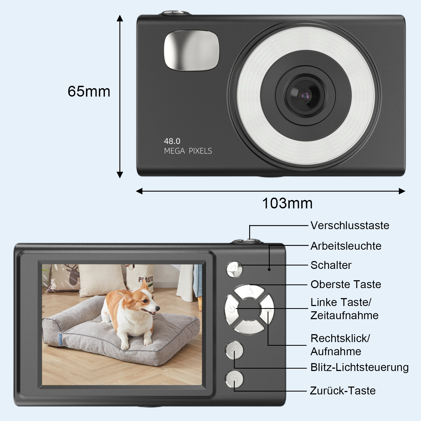 Schwarze Digitalkamera mit Bildschirm, der einen Hund auf einem Bett zeigt. Abmessungen: 65 mm x 103 mm. Funktionen: Knöpfe und Linse.