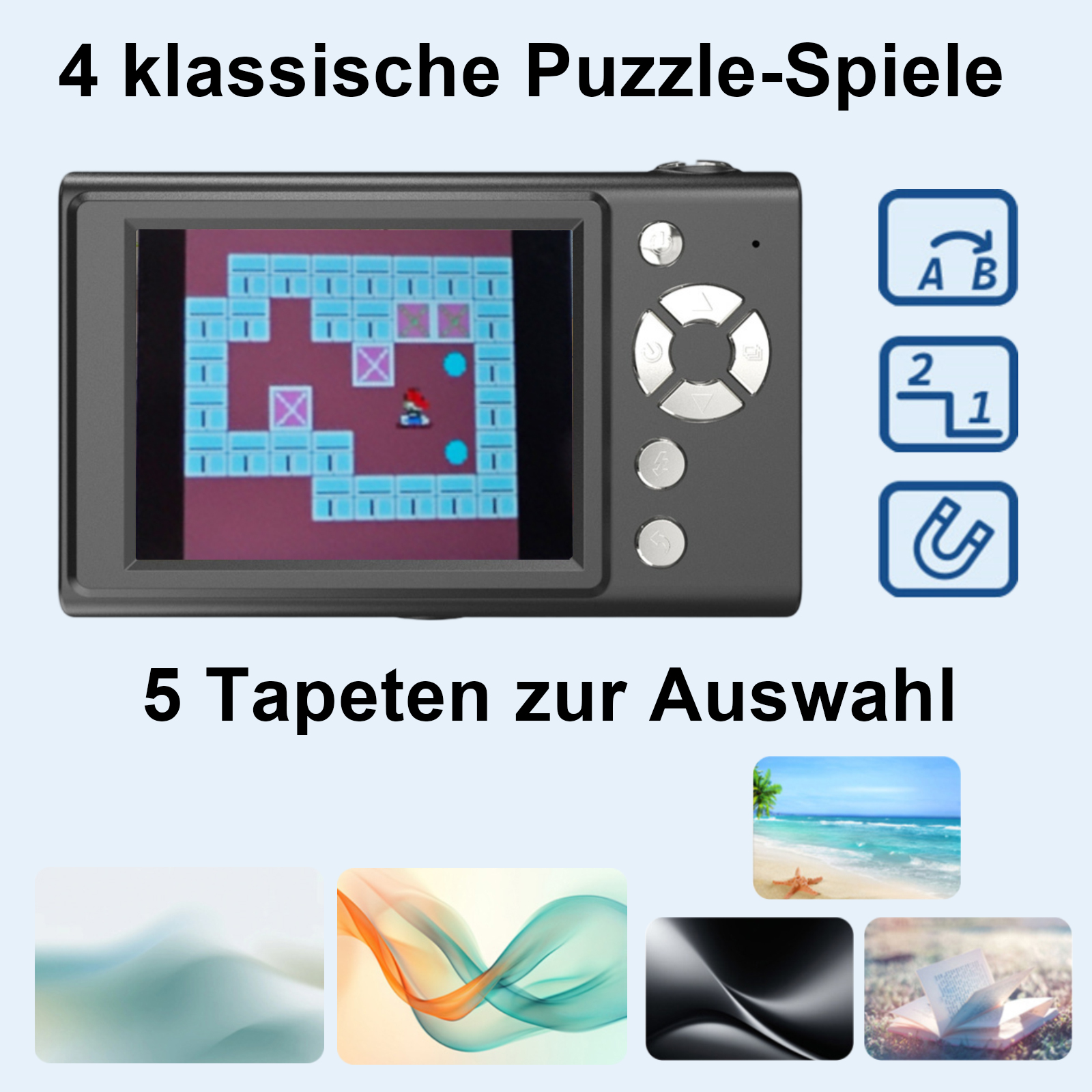 Handheld-Spielkonsole mit Puzzlespiel, Optionen rechts und Tapetenauswahl unten.