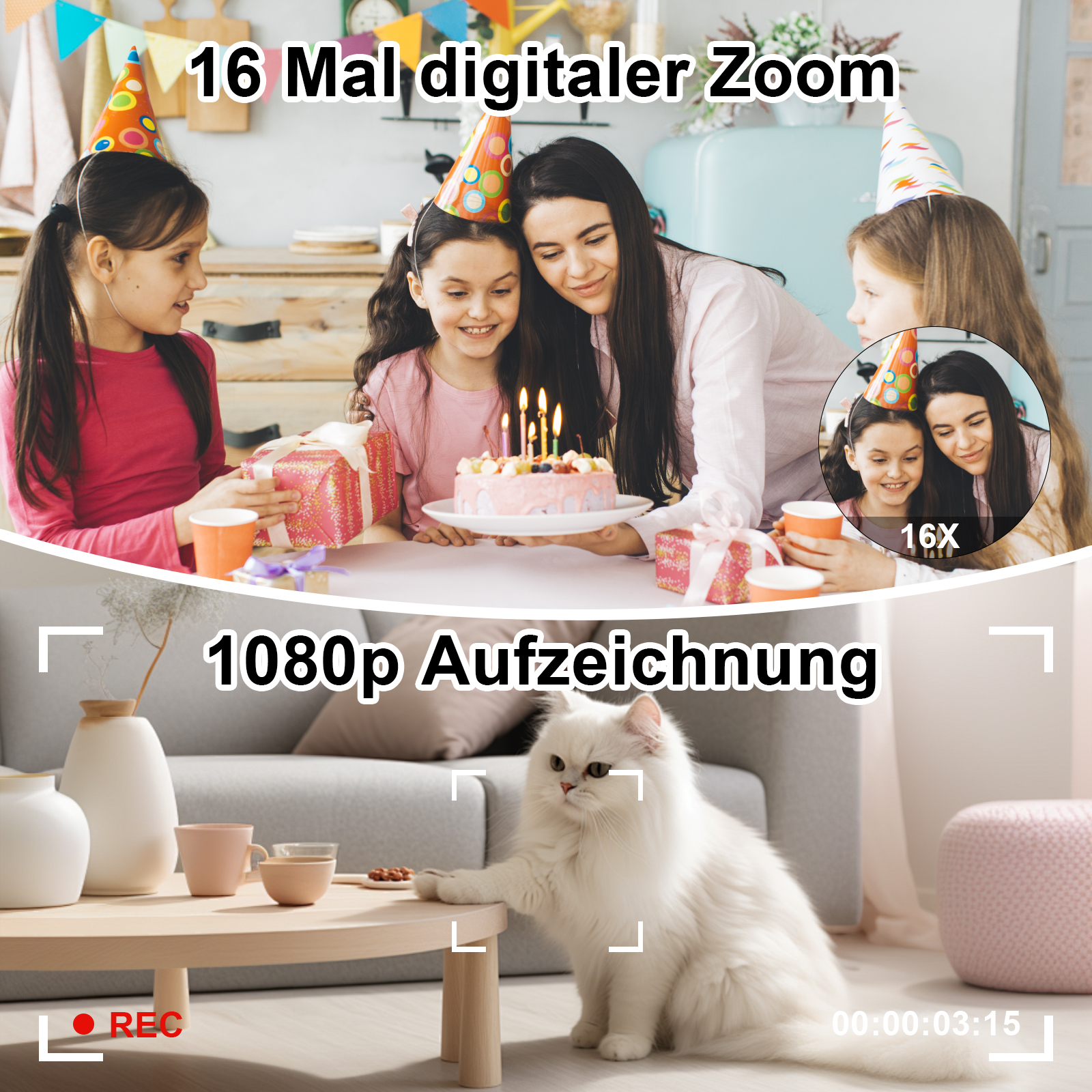 Eine Familie feiert Geburtstag mit Kuchen und Geschenken. Eine Katze sitzt in der Nähe eines Tisches.