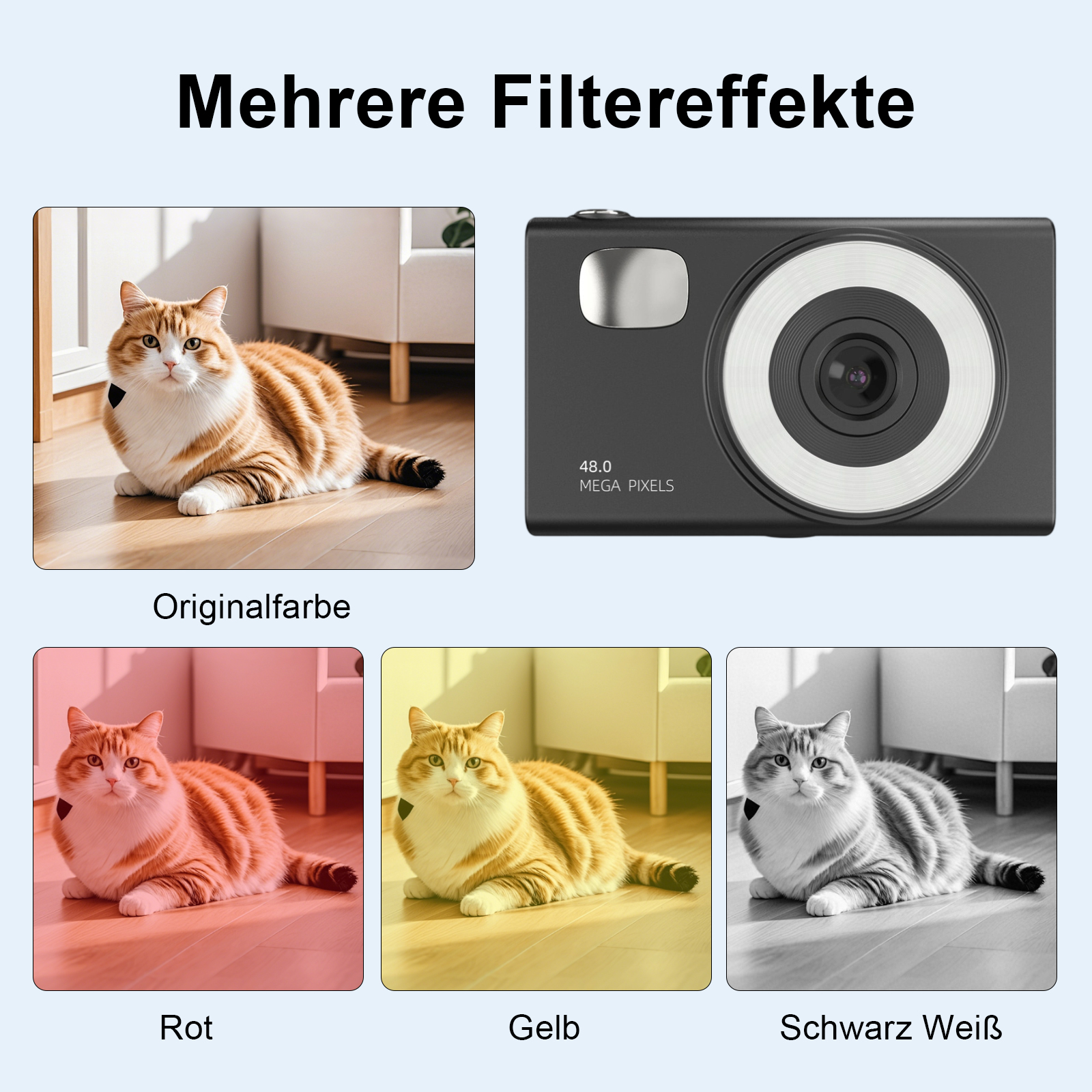 Ein Bild zeigt eine Katze, eine Kamera und Katzenbilder mit verschiedenen Filtern. Text auf Deutsch ist ebenfalls vorhanden.