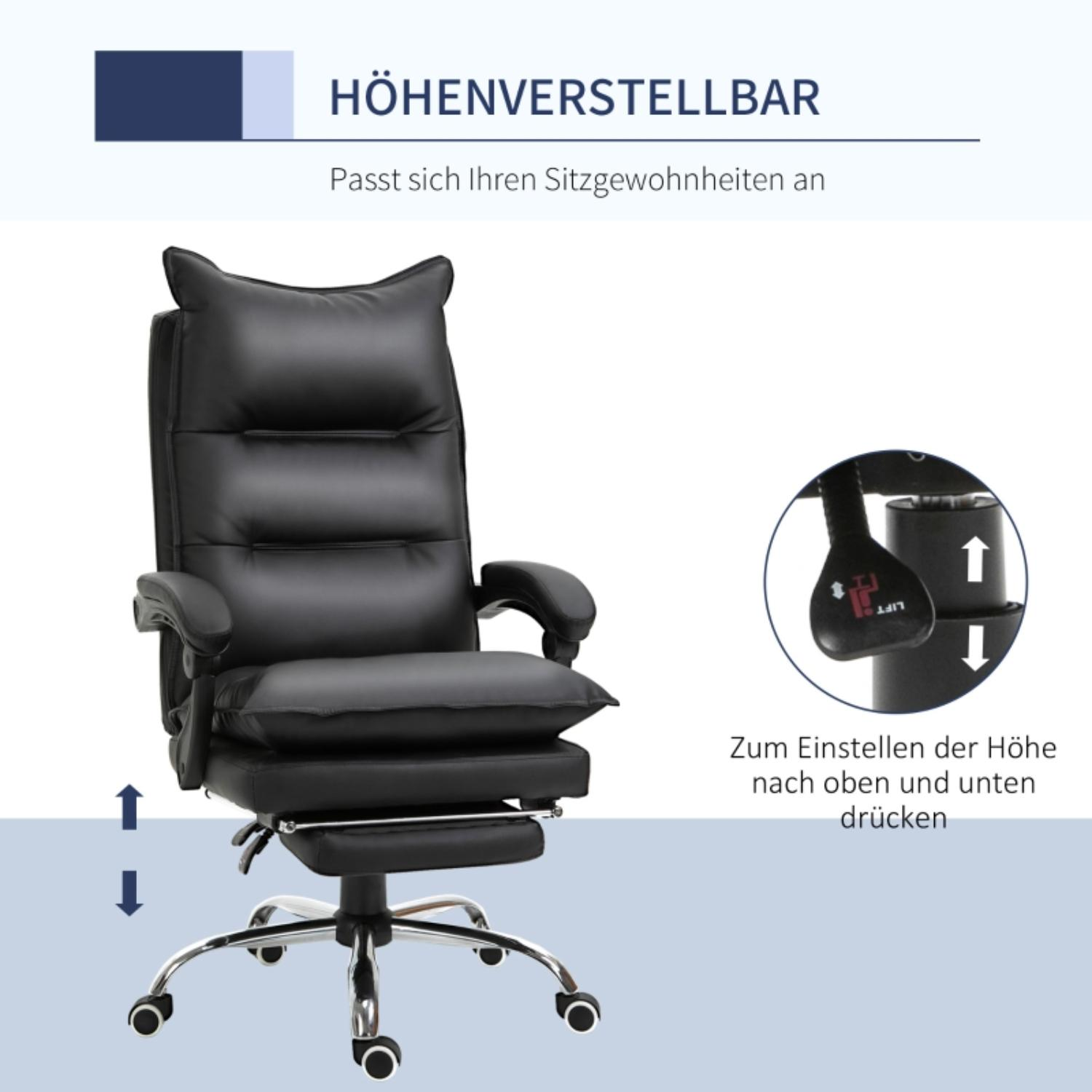 Ein schwarzer Bürostuhl mit Kopfstütze, Armlehnen und Fußstütze. Er hat fünf Räder und einen Hebel zur Höhenverstellung. Text auf Deutsch.