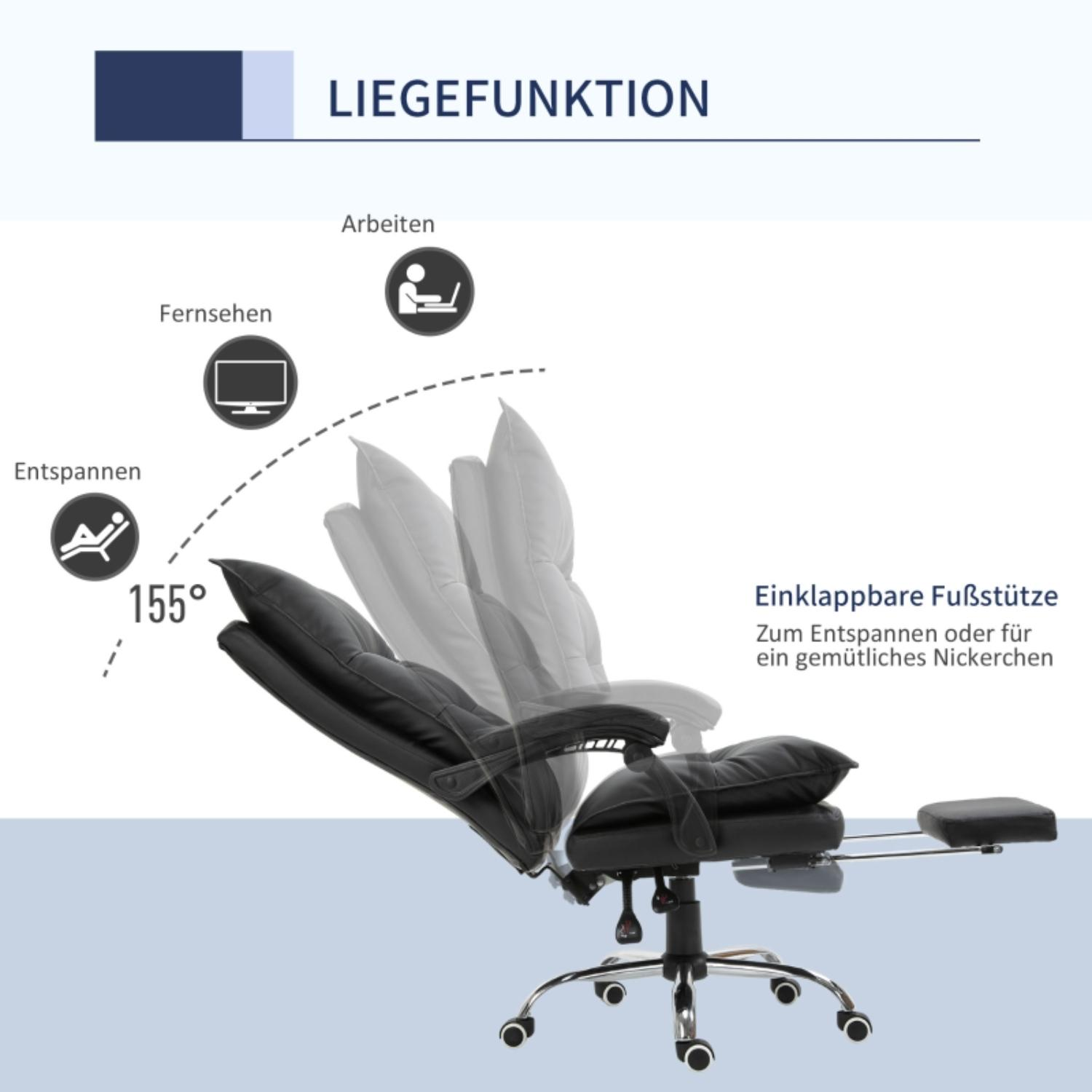 Schwarzer Bürostuhl mit Fußstütze. Text zeigt Liegefunktion mit Optionen zum Entspannen, Fernsehen oder Arbeiten. Winkel 155°.