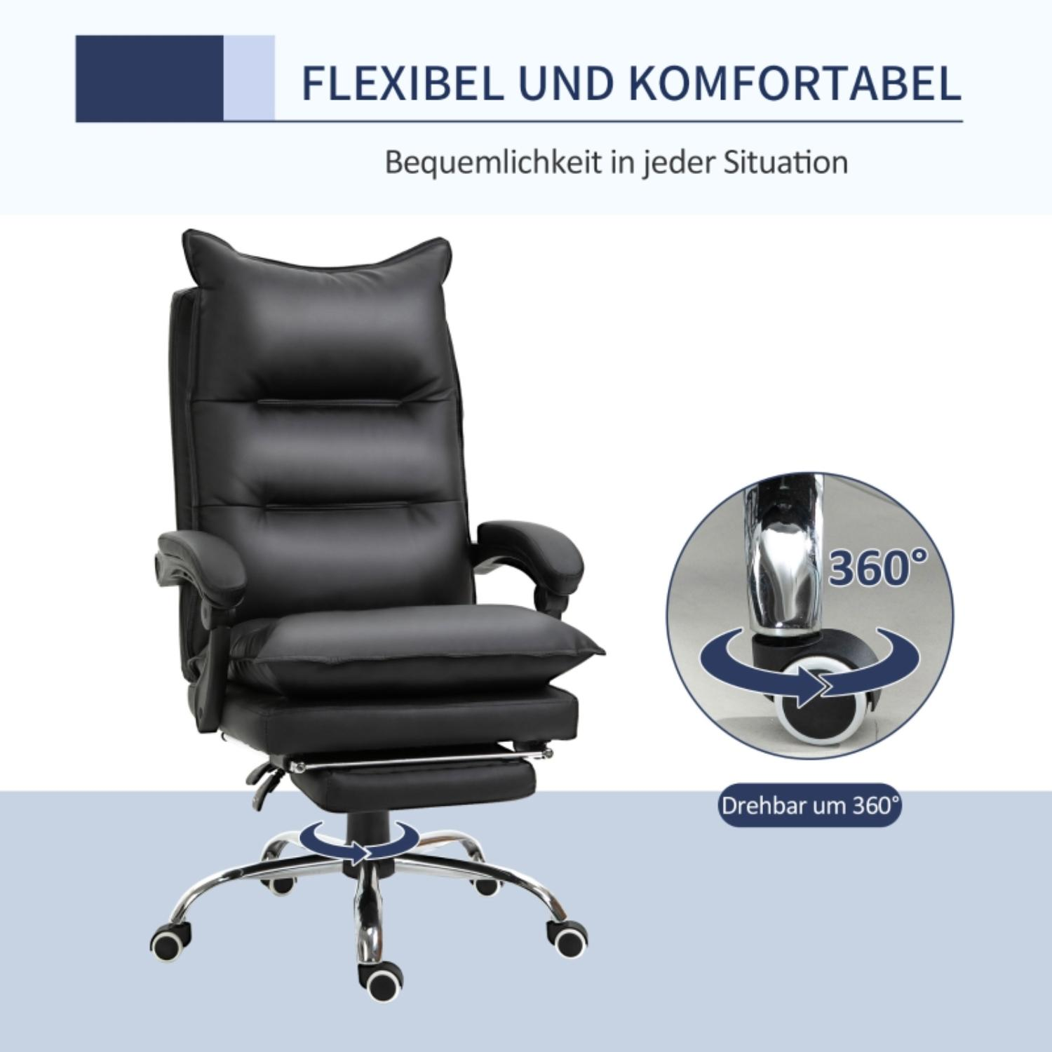 Schwarzer Bürostuhl aus Leder mit Kopfstütze, Armlehnen und Fußstütze. Er hat eine 360°-Drehfunktion und ein Chromgestell.