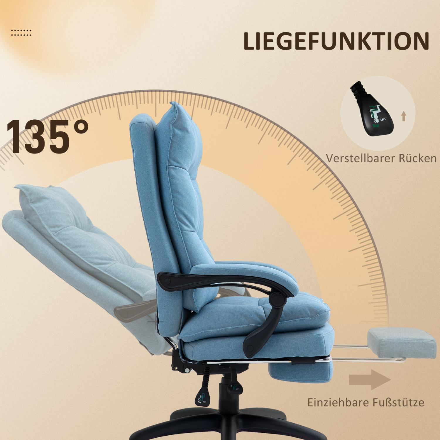Blauer, verstellbarer Bürostuhl mit Fußstütze, Illustration von 135 Grad Neigung. Funktionen: verstellbare Rückenlehne und Fußstütze.