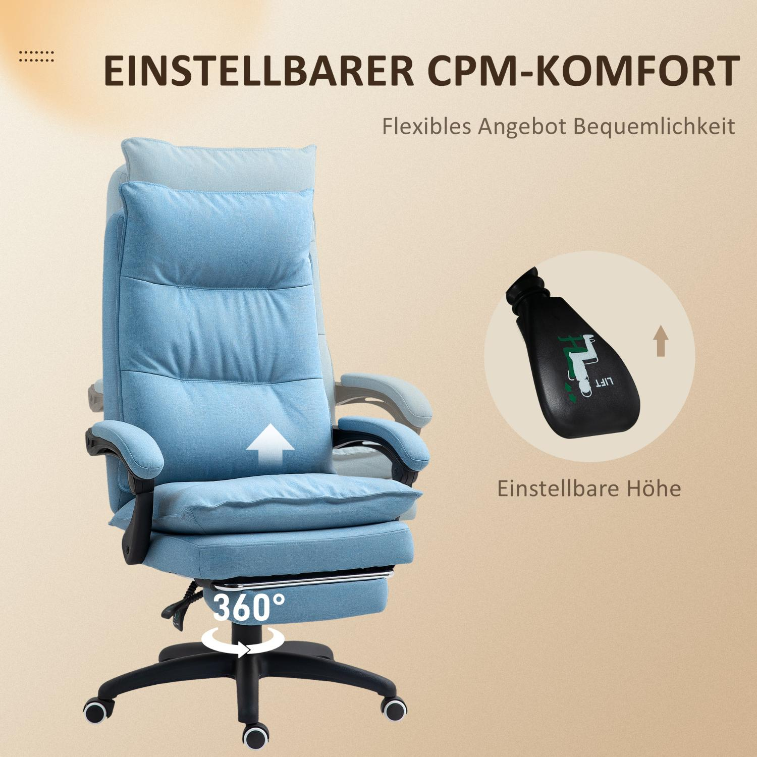 Blauer Bürostuhl mit höhenverstellbarer und 360°-Drehung, Text auf Deutsch. Es zeigt die Funktionen und den Komfort des Stuhls.