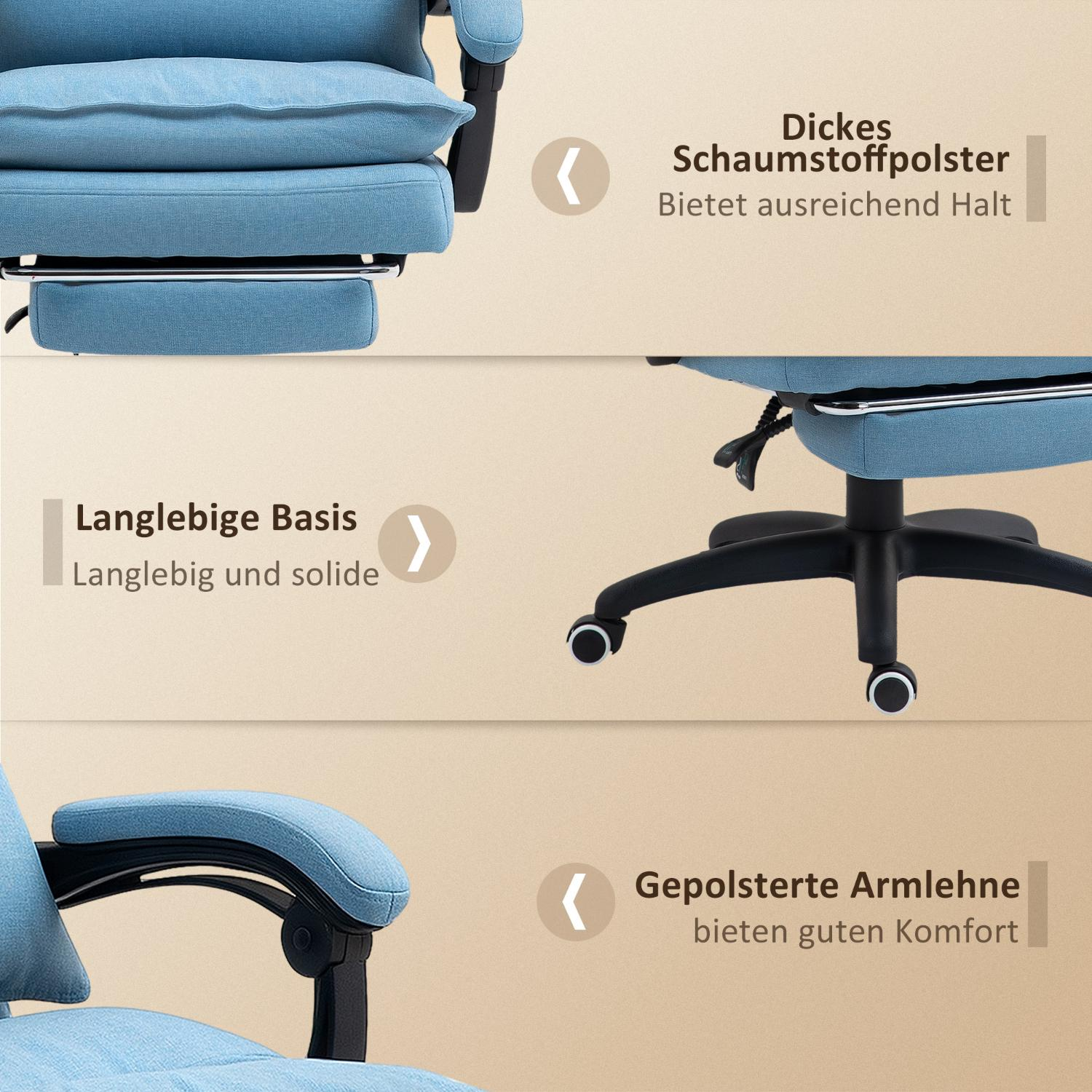 Ein Bürostuhl mit hellblauem Stoff und schwarzem Rahmen, Teile mit deutschem Text hervorgehoben. Merkmale sind Armlehnen und Räder.