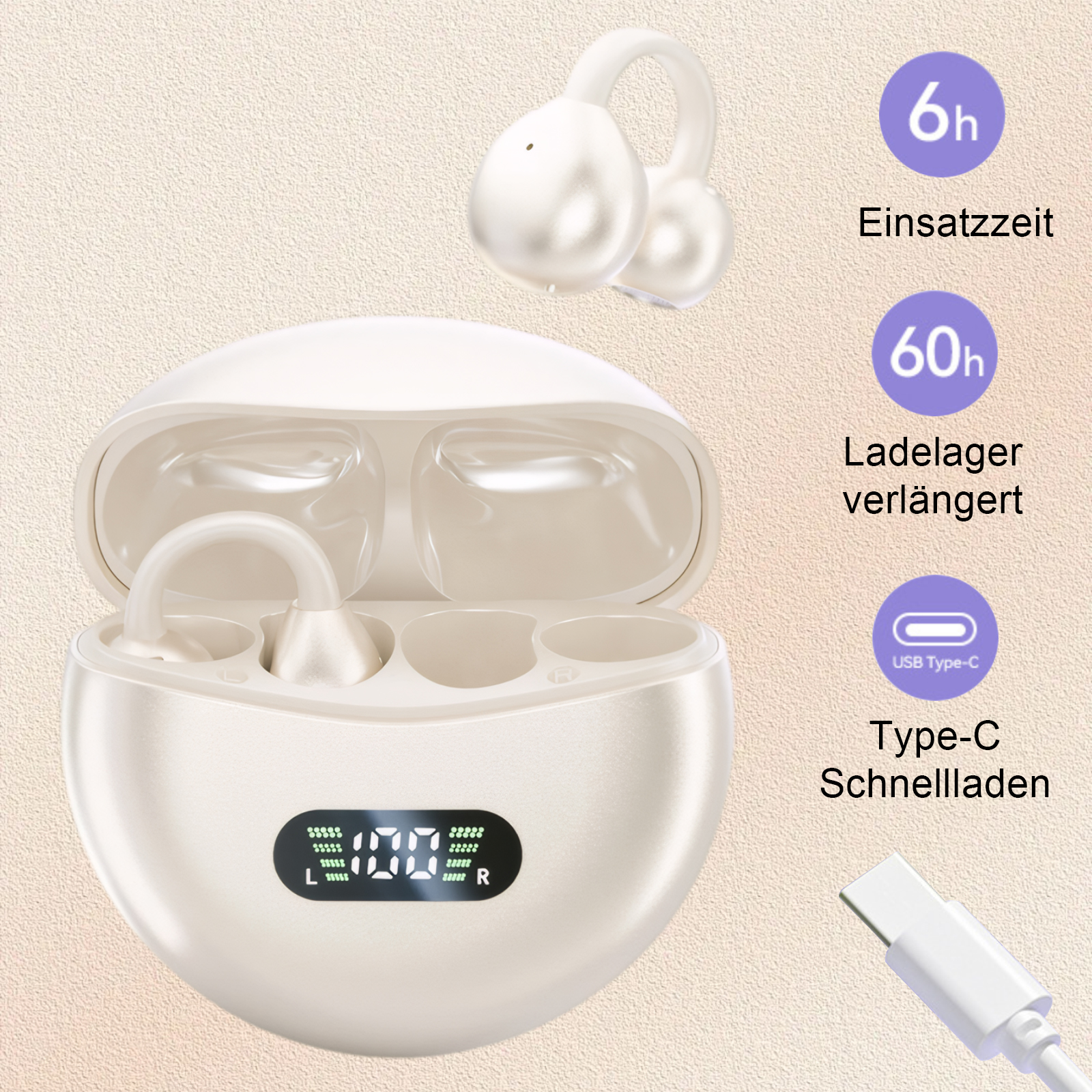 Weiße Ohrhörer und Ladecase. Anzeige zeigt 100%. Text zeigt 6h Nutzung, 60h erweiterte Lagerung, und Typ-C-Ladung.