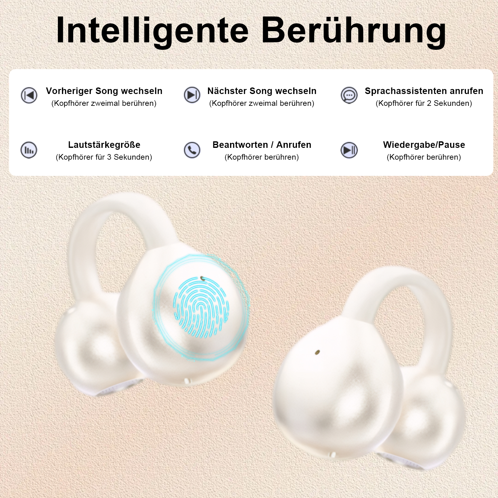 Weiße kabellose Ohrhörer mit Touch-Steuerung. Ein Fingerabdruck-Design ist auf einem. Text auf Deutsch beschreibt Funktionen.