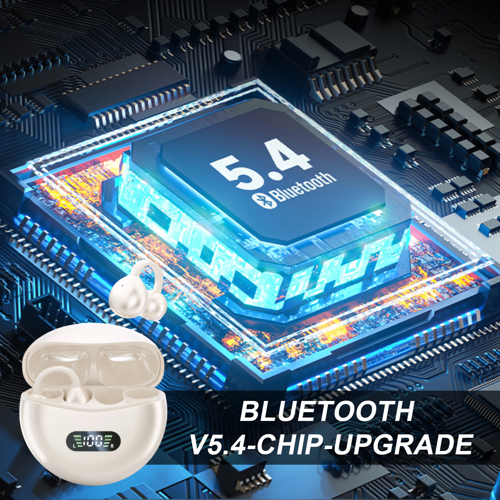 Ohrhörer mit Ladecase. Das Bild zeigt ein Bluetooth 5.4 Chip-Upgrade. Weiße Ohrhörer in einem weißen Ladecase.