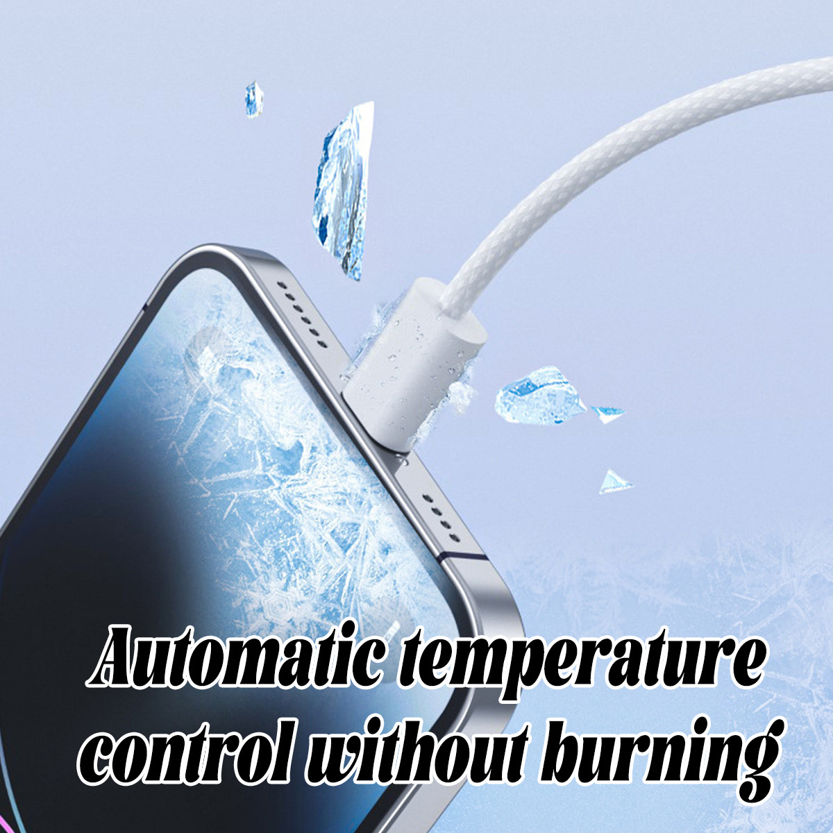 Ein Telefon wird mit einem weißen Kabel geladen. Das Bild hat Text: automatische Temperaturkontrolle ohne Verbrennung.