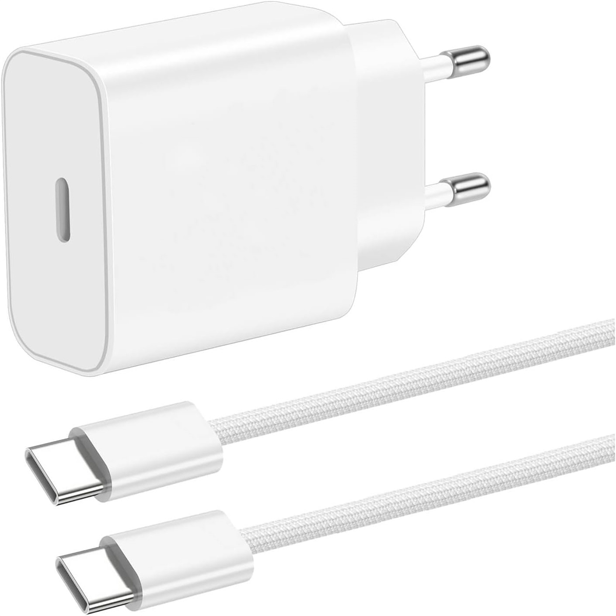 Ein weißes Telefonladegerät mit einem USB-C-Kabel. Das Ladegerät hat einen Stecker und einen Anschluss. Das Kabel ist weiß.