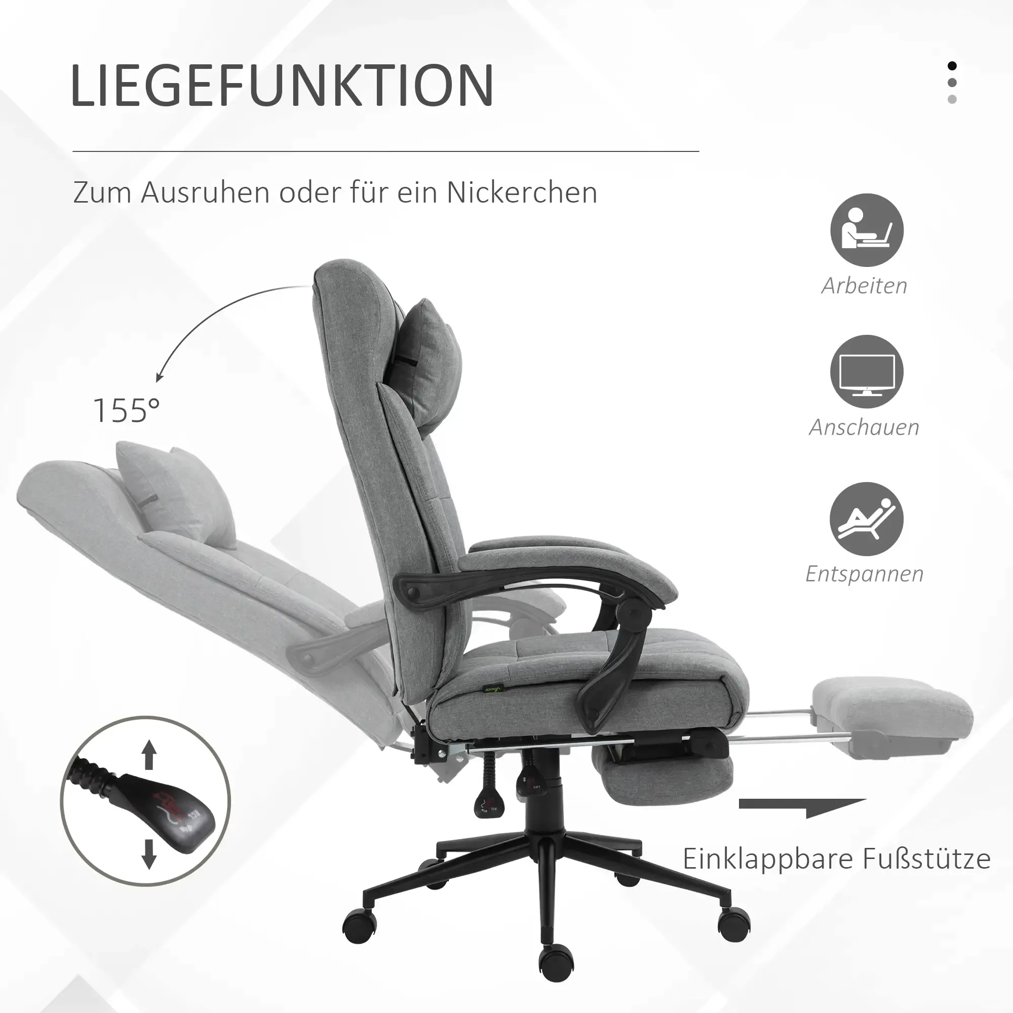 Grauer Bürostuhl mit verstellbarer Rückenlehne und Fußstütze. Text zeigt Funktionen und einen Neigungswinkel von 155 Grad.