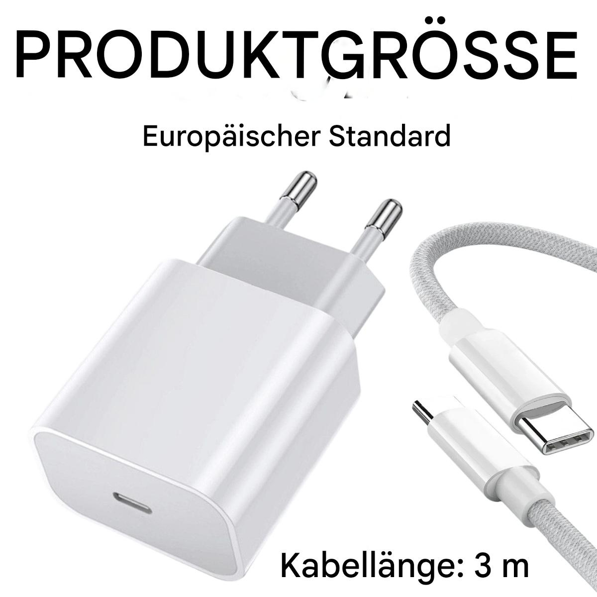 Weißes Ladegerät mit USB-C-Kabel. Text: "Produktgrösse, Europäischer Standard, Kabellänge: 3 m".