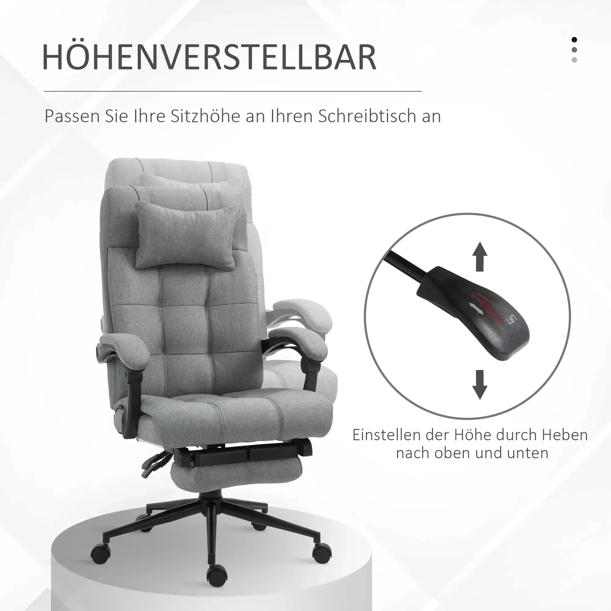 Gezeigter grauer Bürostuhl mit höhenverstellbar. Er hat eine Kopfstütze und Armlehnen. Ein Hebel zeigt Pfeile nach oben und unten.