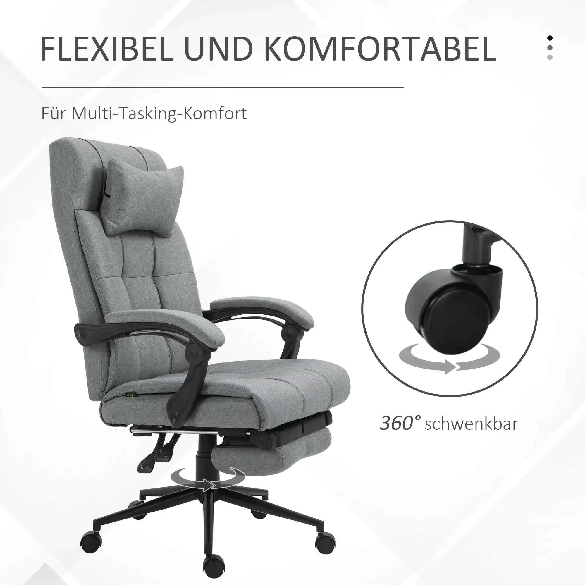 Ein grauer Bürostuhl mit Kopfstütze, Armlehnen und einem Fünf-Sterne-Fuß mit Rädern. Text: Flexibel und komfortabel, 360° drehbar.